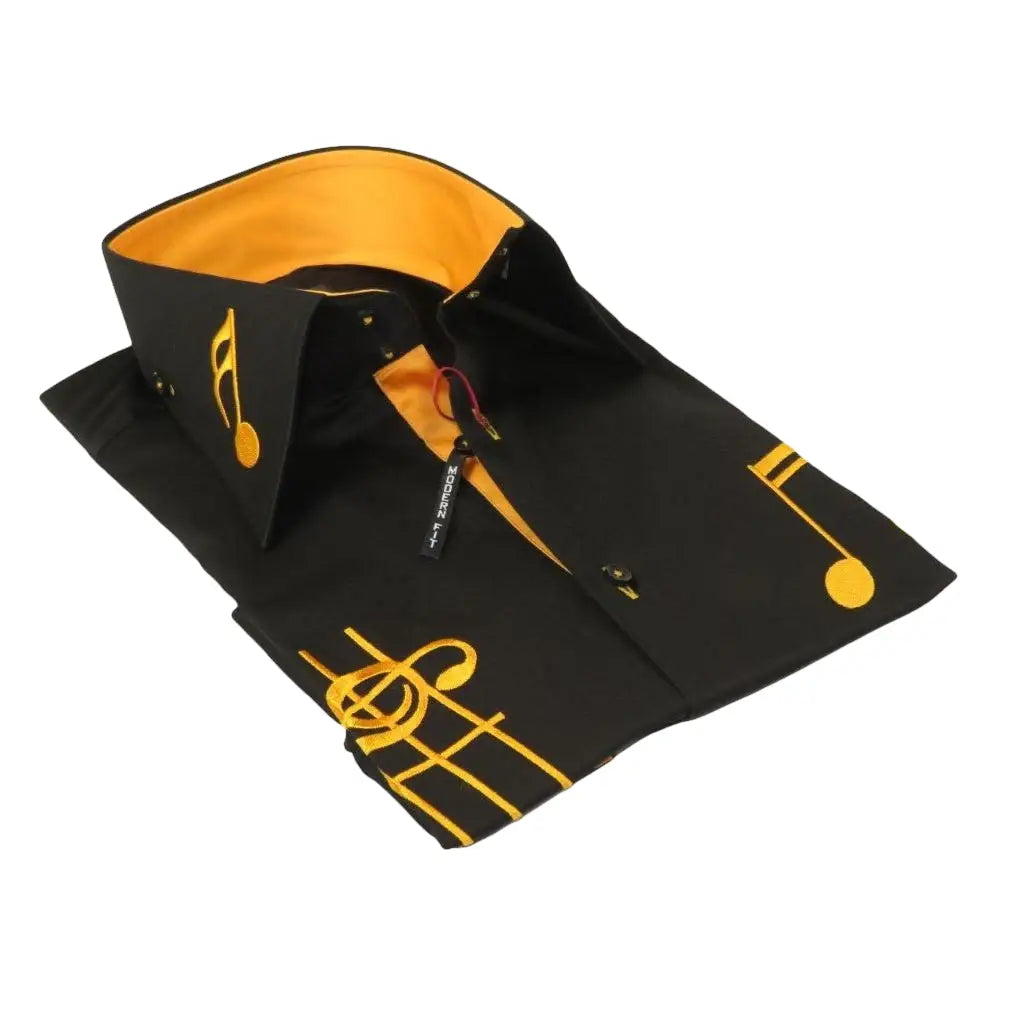 Men Axxess Turkey Shirt 100% Cotton Musical Note 224 - 56 French Cuffs Black Gold - J.Valintin Men's Wear Legend - 224 - 56 Black - M