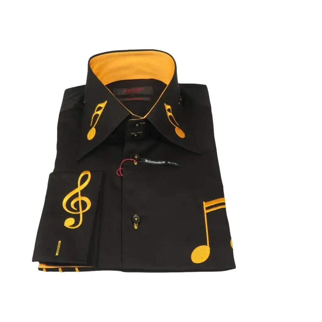 Men Axxess Turkey Shirt 100% Cotton Musical Note 224 - 56 French Cuffs Black Gold - J.Valintin Men's Wear Legend - 224 - 56 Black - M