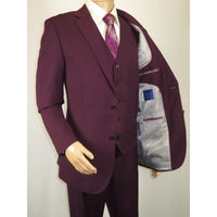 Men BERRAGAMO 3pc Suit Vested Plain front Pants Side Vents Formal A6732 Burgundy - J.Valintin Men's Wear Legend - 71737