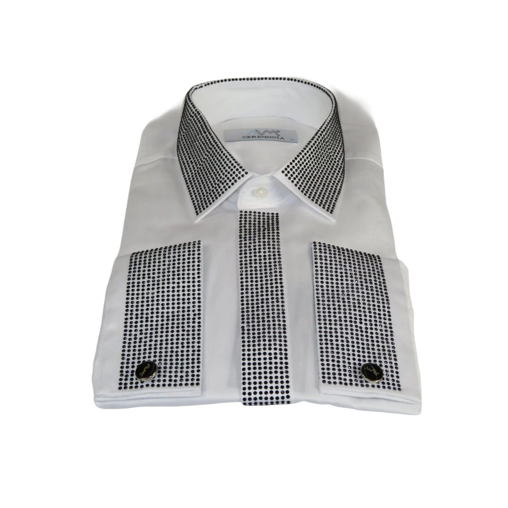 Men CEREMONIA Formal Shirt Rhinestone 100% Cotton Turkey #stn 13 tsb white Fancy - J.Valintin Men's Wear Legend - 97075
