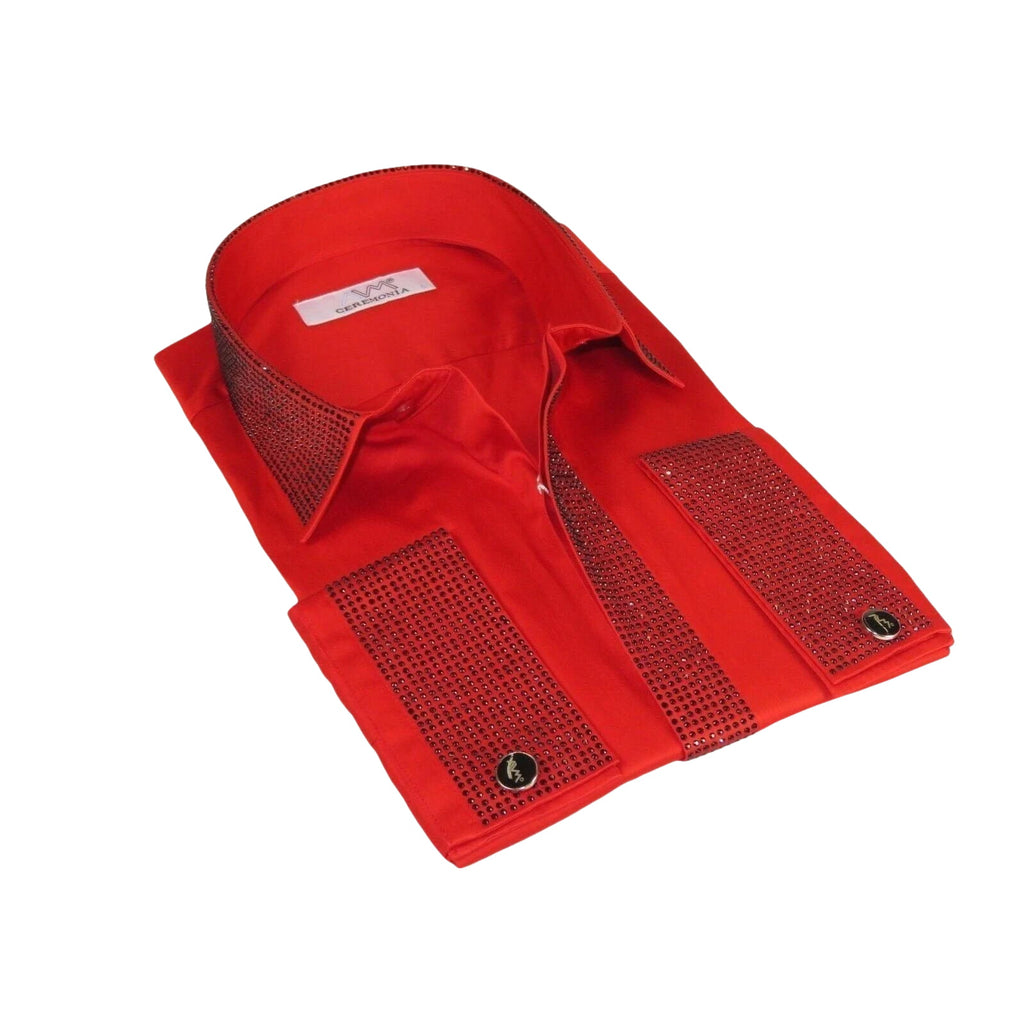Men CEREMONIA Formal Shirt Rhinestone 100% Cotton Turkey #stn 28 tsb Red Fancy - J.Valintin Men's Wear Legend - 97070