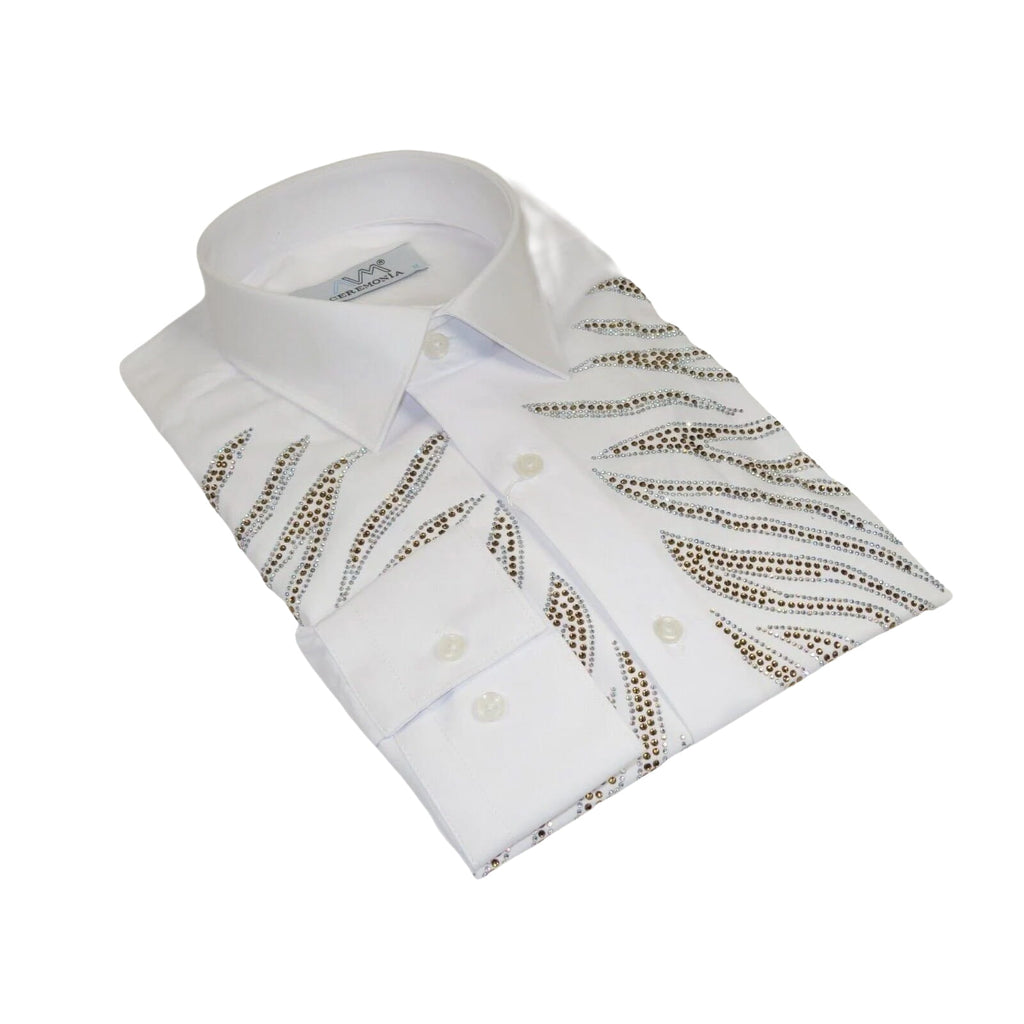 Men CEREMONIA Turkey Shirt 100% Cotton Fancy Rhine Stone #Roma 13 White Slim Fit - J.Valintin Men's Wear Legend - 101143
