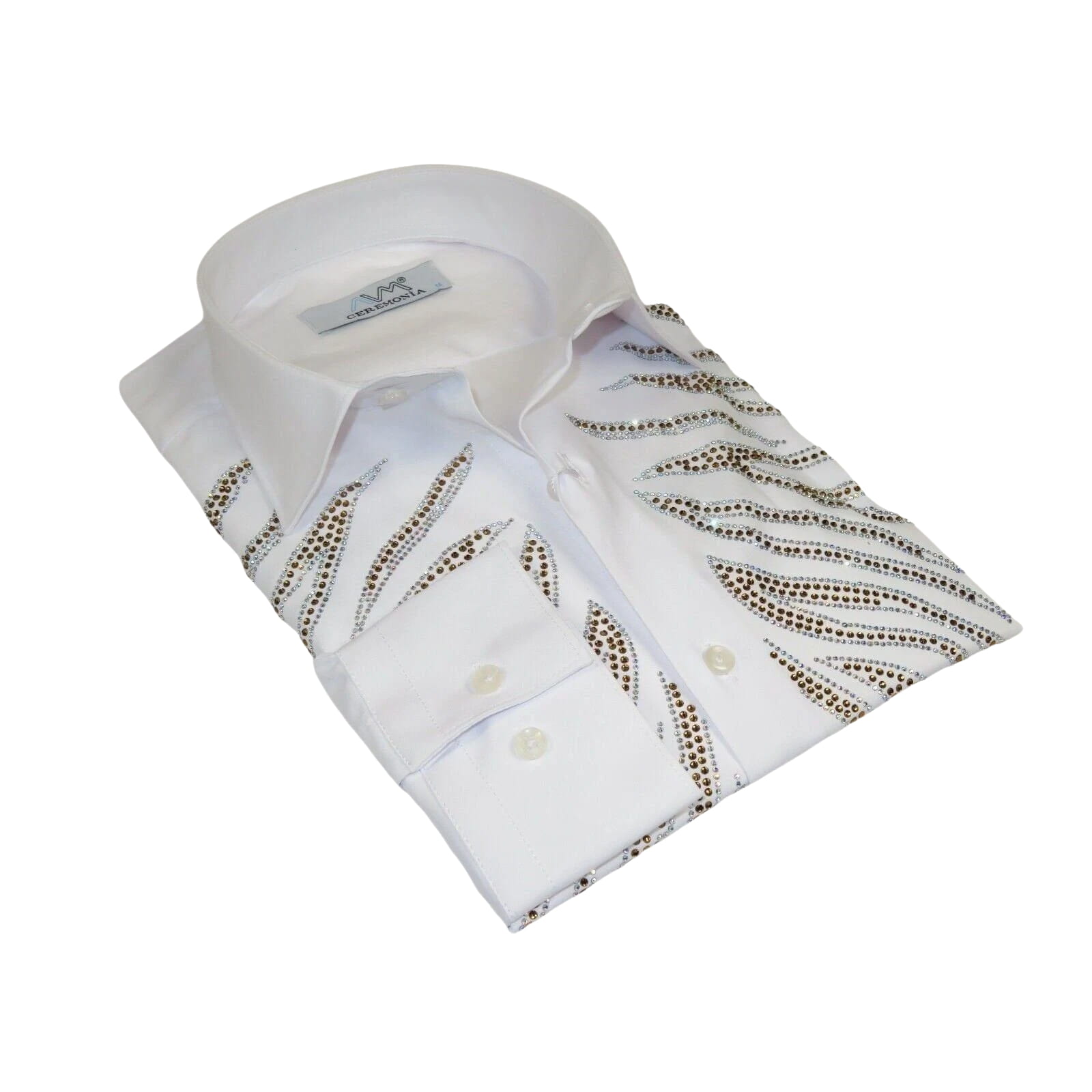 Men CEREMONIA Turkey Shirt 100% Cotton Fancy Rhine Stone #Roma 13 White Slim Fit - J.Valintin Men's Wear Legend - 101143