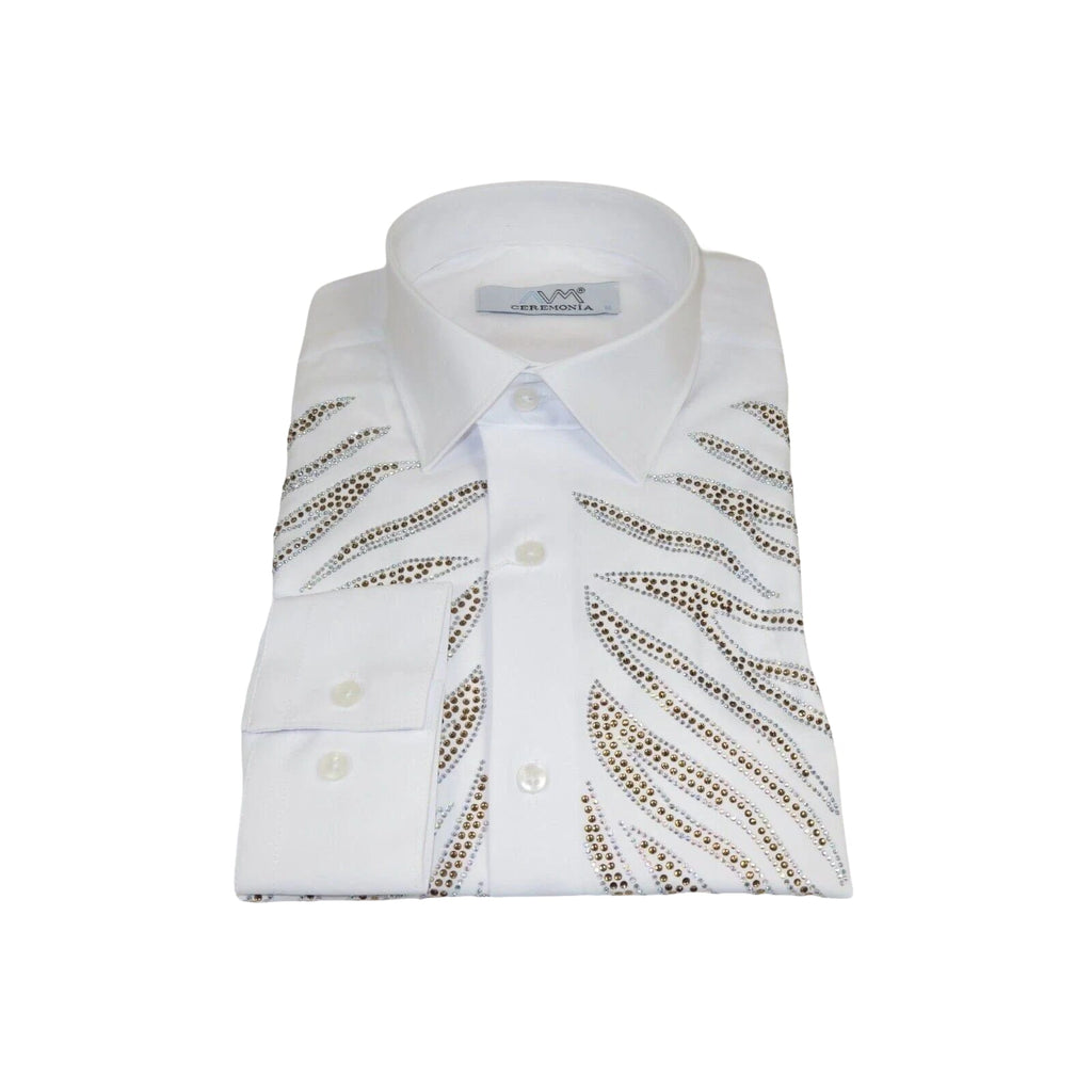Men CEREMONIA Turkey Shirt 100% Cotton Fancy Rhine Stone #Roma 13 White Slim Fit - J.Valintin Men's Wear Legend - 101143