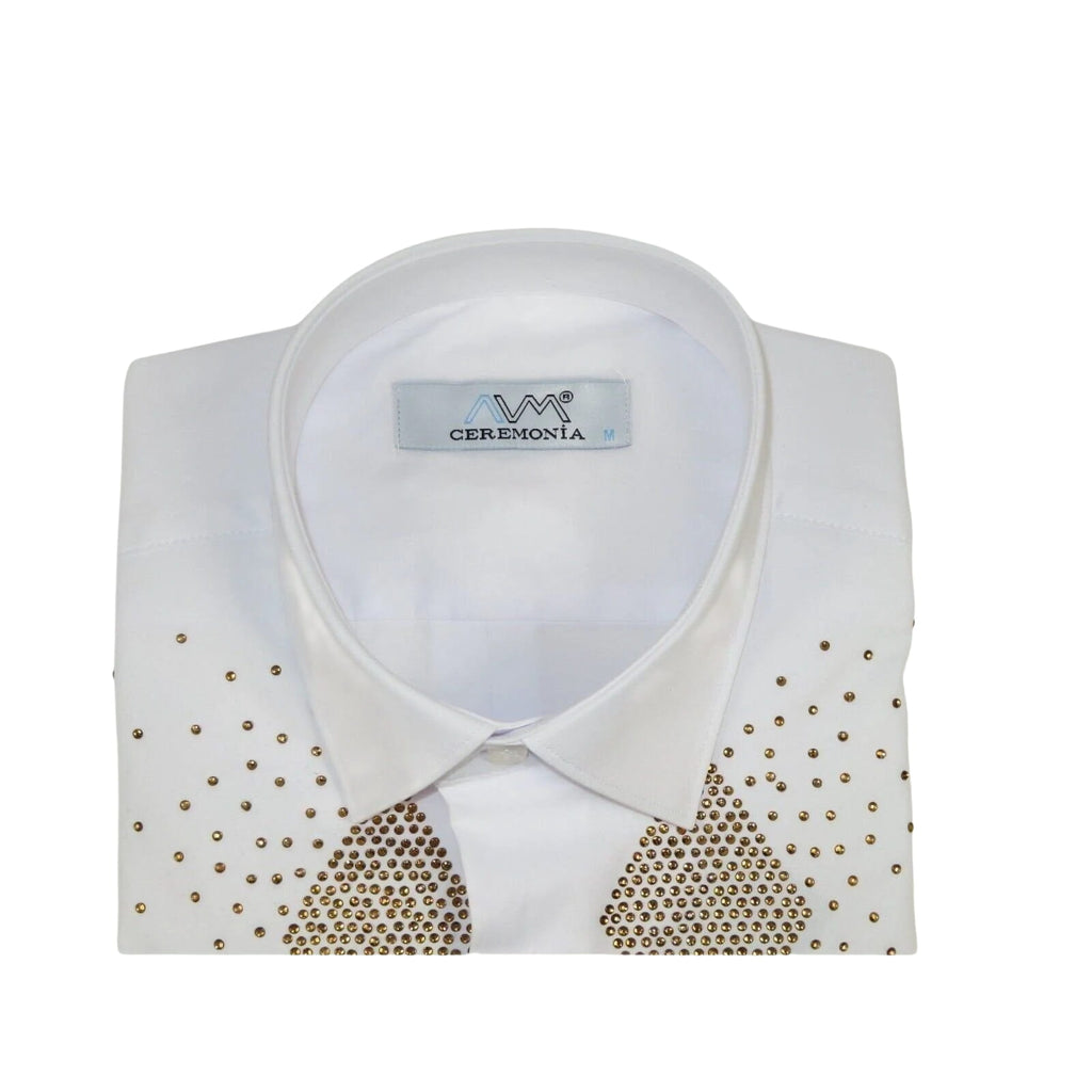 Men CEREMONIA Turkey Shirt 100% Cotton Fancy Rhine Stones #Rio 13 White Slim Fit - J.Valintin Men's Wear Legend - 101135