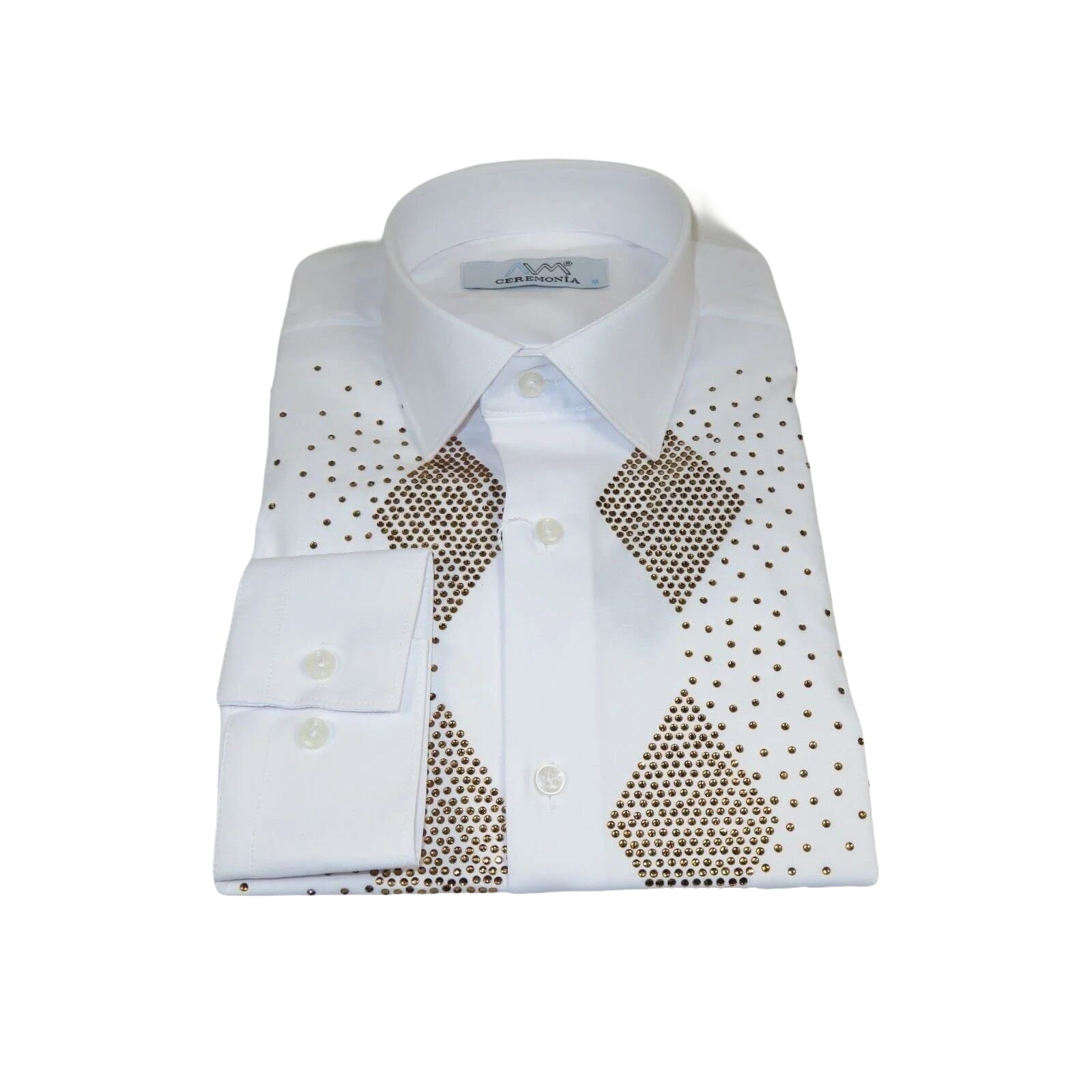 Men CEREMONIA Turkey Shirt 100% Cotton Fancy Rhine Stones #Rio 13 White Slim Fit - J.Valintin Men's Wear Legend - 101135