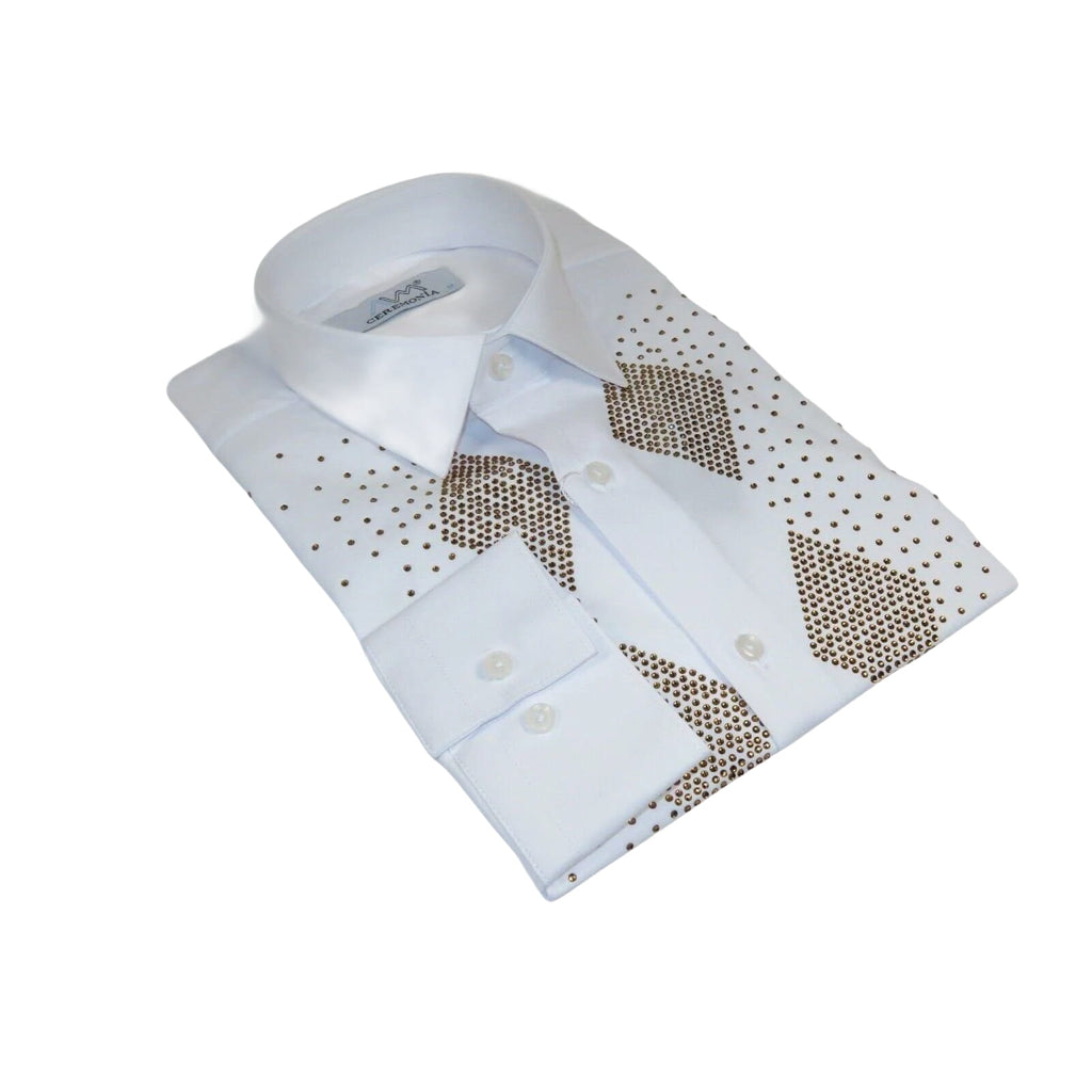 Men CEREMONIA Turkey Shirt 100% Cotton Fancy Rhine Stones #Rio 13 White Slim Fit - J.Valintin Men's Wear Legend - 101135