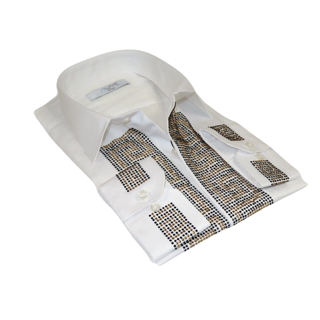 Men CEREMONIA Turkey Shirt 100% Cotton Fancy Rhine Stones #TSV 13 White Slim Fit - J.Valintin Men's Wear Legend - 101125