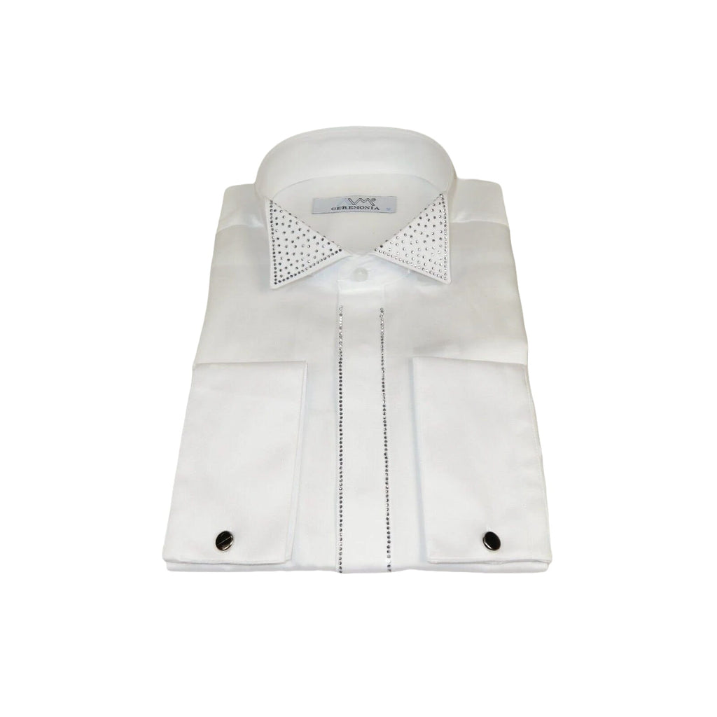 Men CEREMONIA Tuxedo Shirt Rhinestone 100% Cotton Turkey #stn 133 White Wing tip - J.Valintin Men's Wear Legend - 101156
