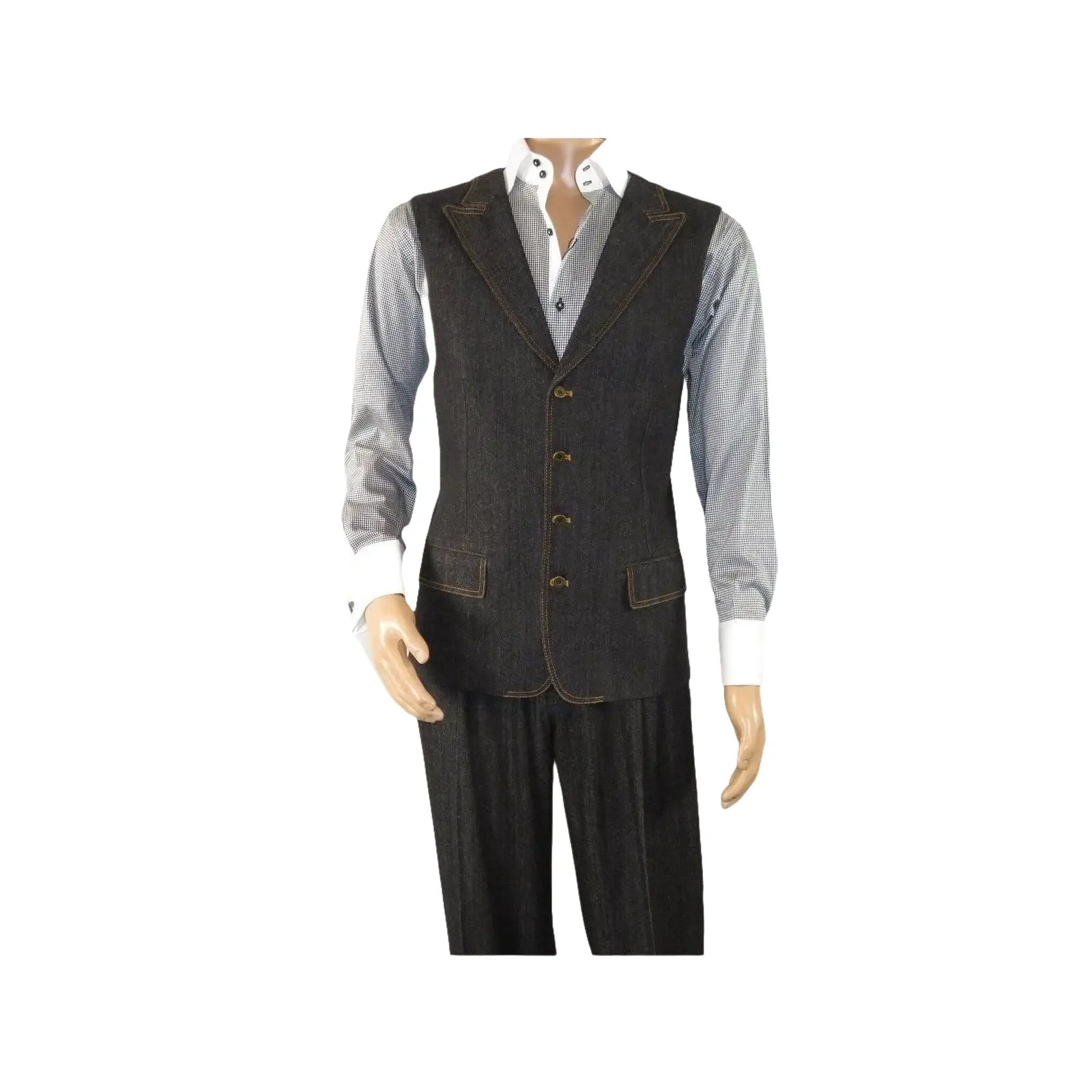 Men Denim Suit Royal Diamond 3 Piece vested Wide Leg Pleated Pants Den2 black - J.Valintin Men's Wear Legend - 14608