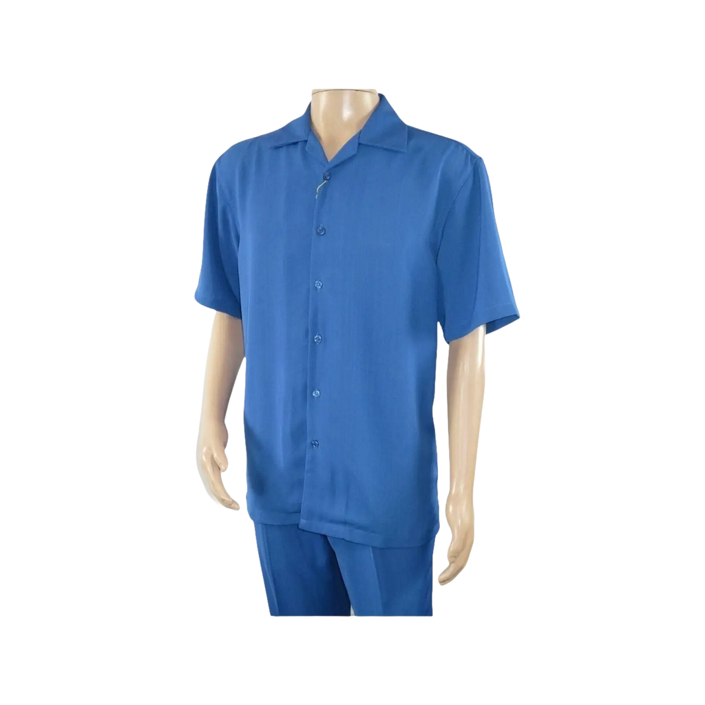 Men INSERCH 2pc Walking Leisure Suit Shirt Pants Set Short Sleeves 9356 Blue - J.Valintin Men's Wear Legend - 94152
