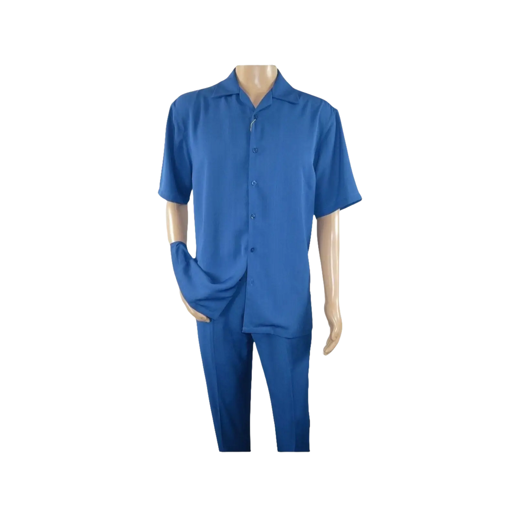 Men INSERCH 2pc Walking Leisure Suit Shirt Pants Set Short Sleeves 9356 Blue - J.Valintin Men's Wear Legend - 94152