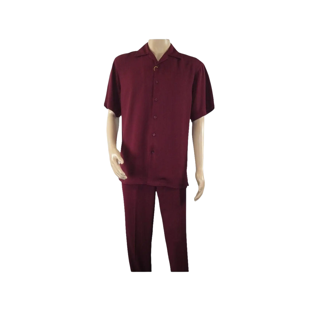 Men INSERCH 2pc Walking Leisure Suit Shirt Pants Set Short Sleeves 9356 Burgundy - J.Valintin Men's Wear Legend - 94144