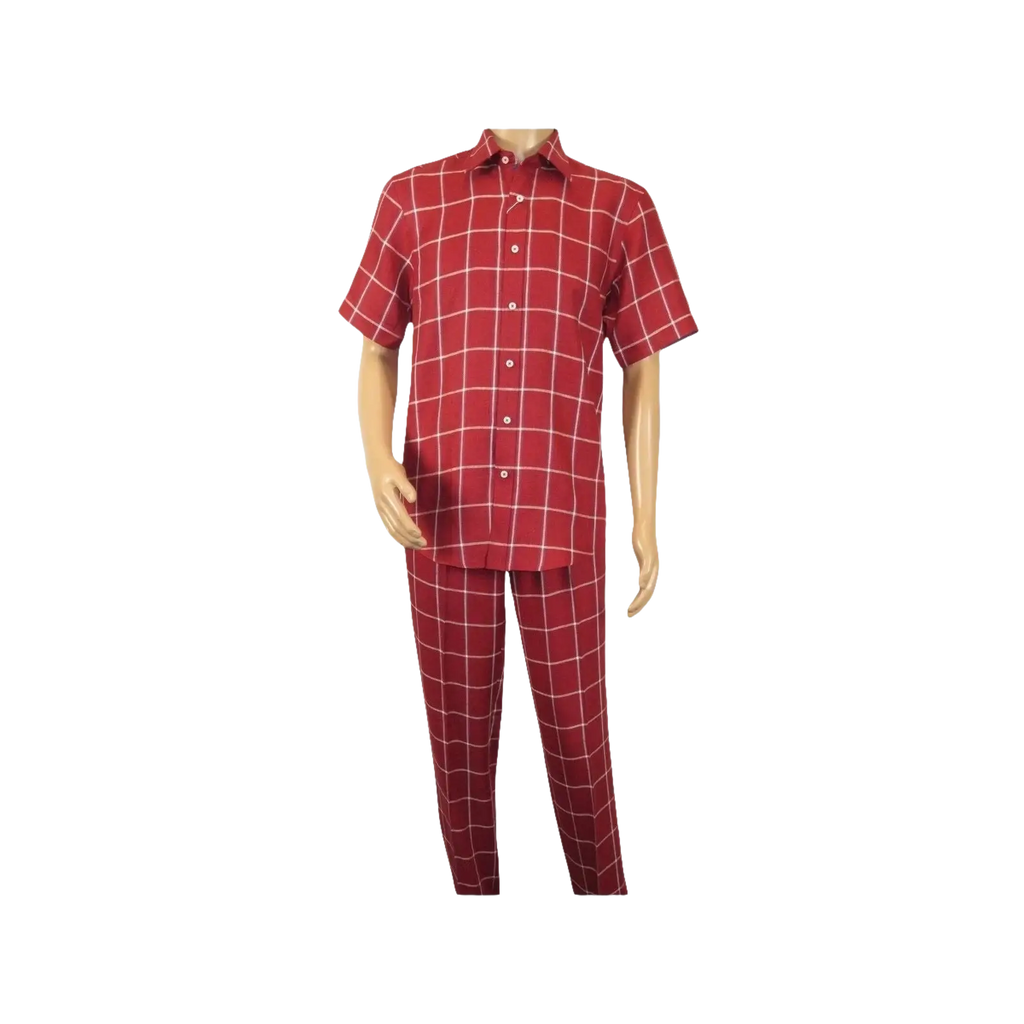 Men INSERCH premium Soft Cool Linen 2pc Walking Leisure suit 7098 Red Plaid - J.Valintin Men's Wear Legend - 100703