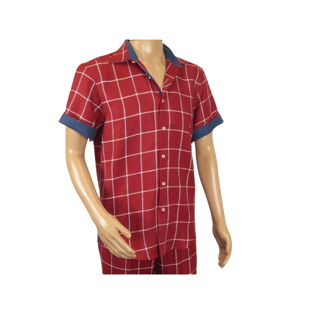 Men INSERCH premium Soft Cool Linen 2pc Walking Leisure suit 7098 Red Plaid - J.Valintin Men's Wear Legend - 100703