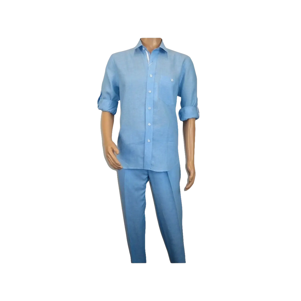 Men INSERCH premium Soft Linen Breathable 2pc Walking Leisure suit LS29116 Blue - J.Valintin Men's Wear Legend - 100675