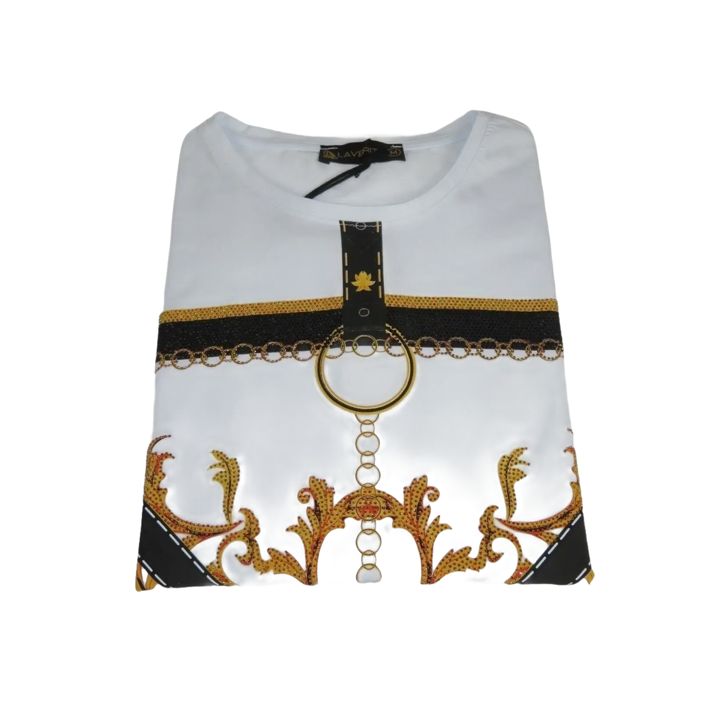 Men LAVERITA European Fashion Crew Shirt Rhine Stones Chain Floral 12085 White - J.Valintin Men's Wear Legend - 99884