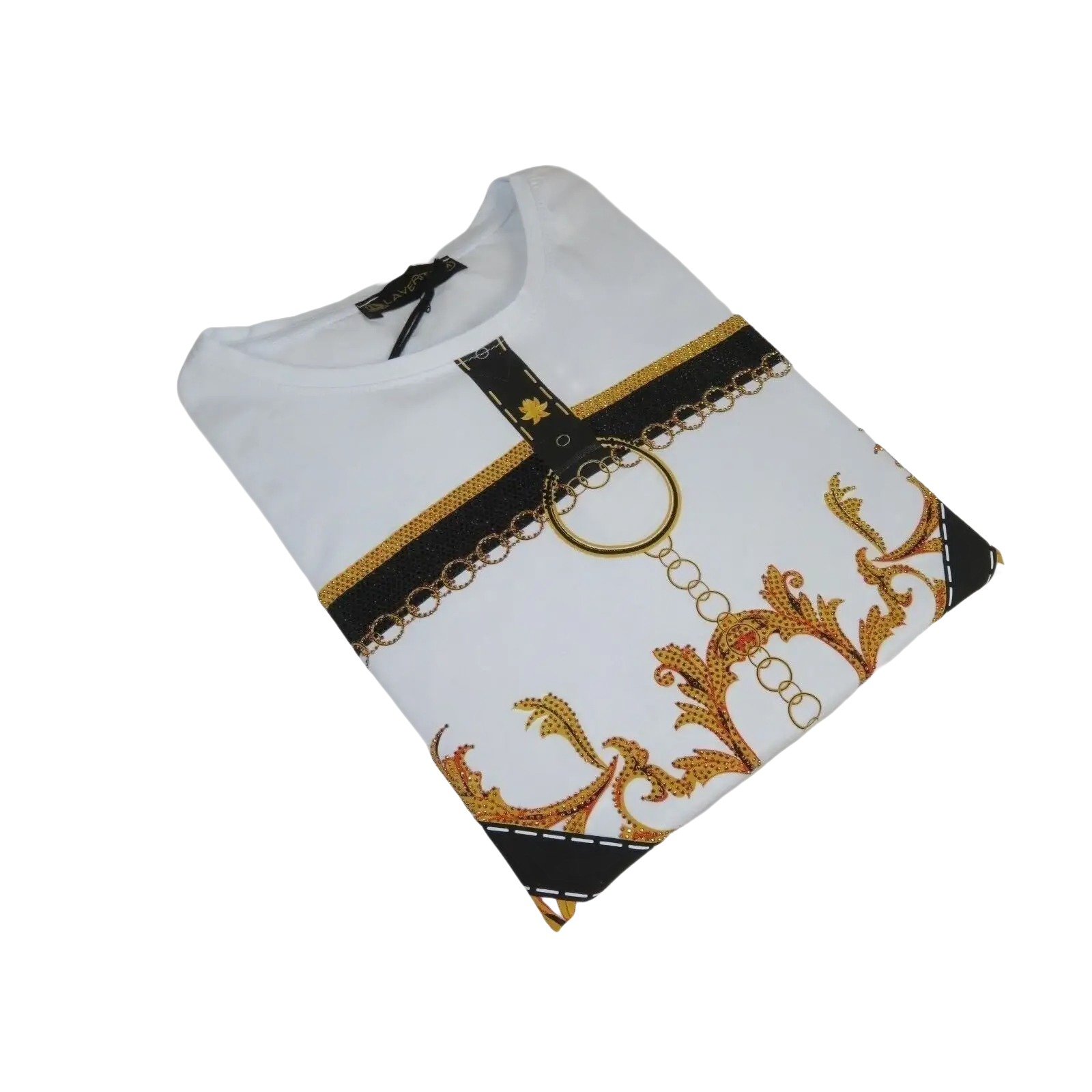 Men LAVERITA European Fashion Crew Shirt Rhine Stones Chain Floral 12085 White - J.Valintin Men's Wear Legend - 99884
