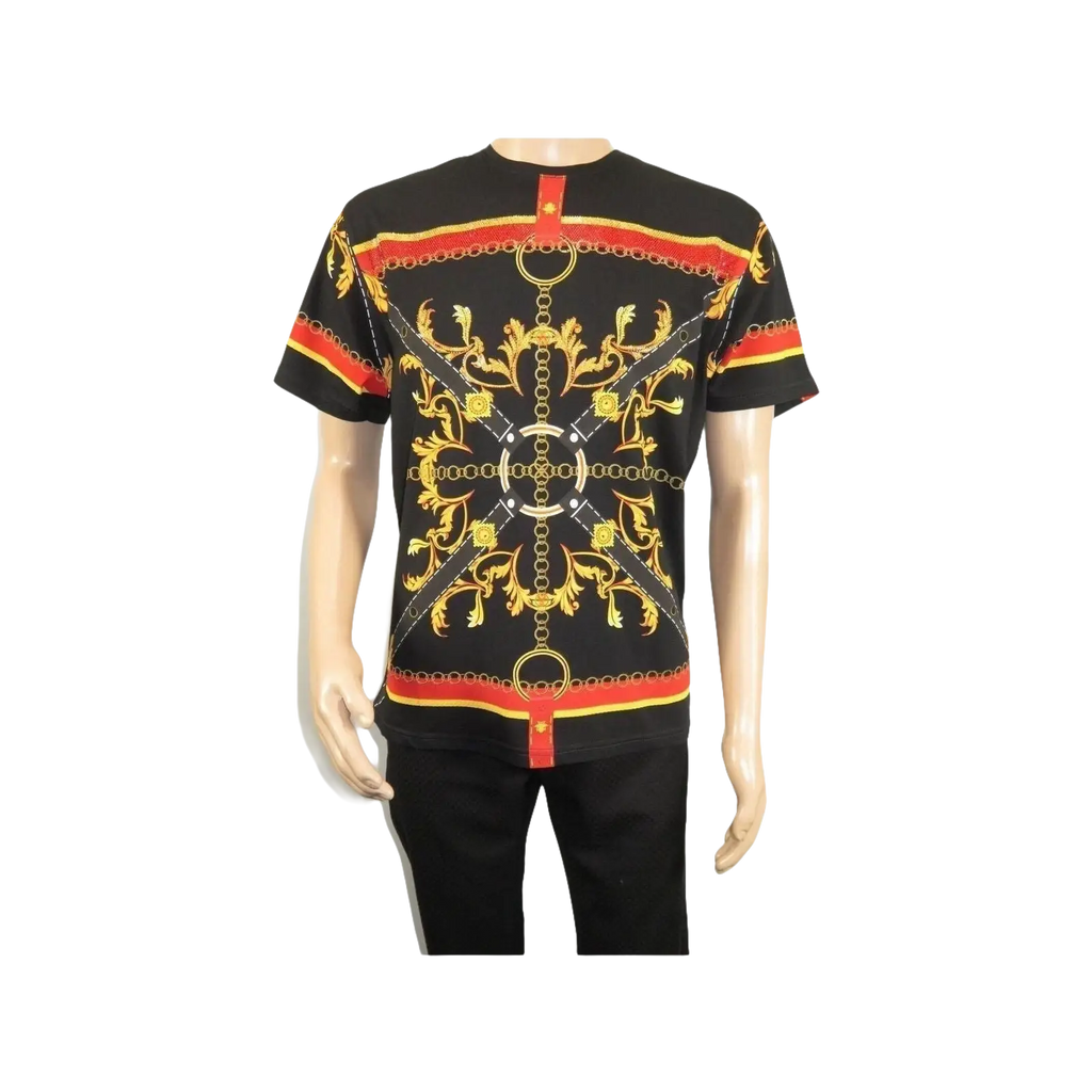 Men LAVERITA European Fashion Crew Shirt Rhine Stones Chain Florals 12085 Black - J.Valintin Men's Wear Legend - 99890