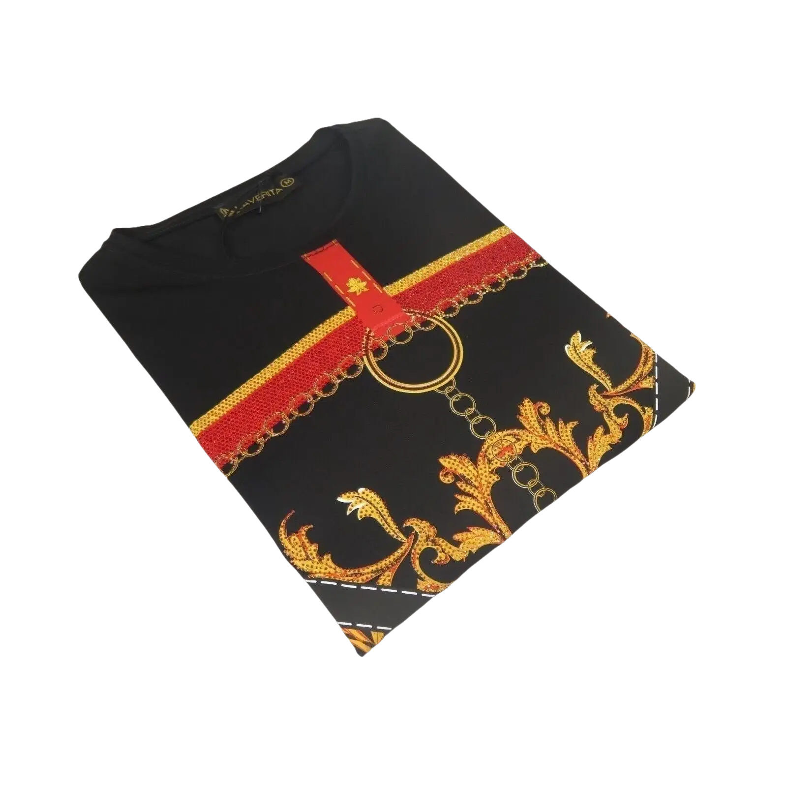 Men LAVERITA European Fashion Crew Shirt Rhine Stones Chain Florals 12085 Black - J.Valintin Men's Wear Legend - 99890