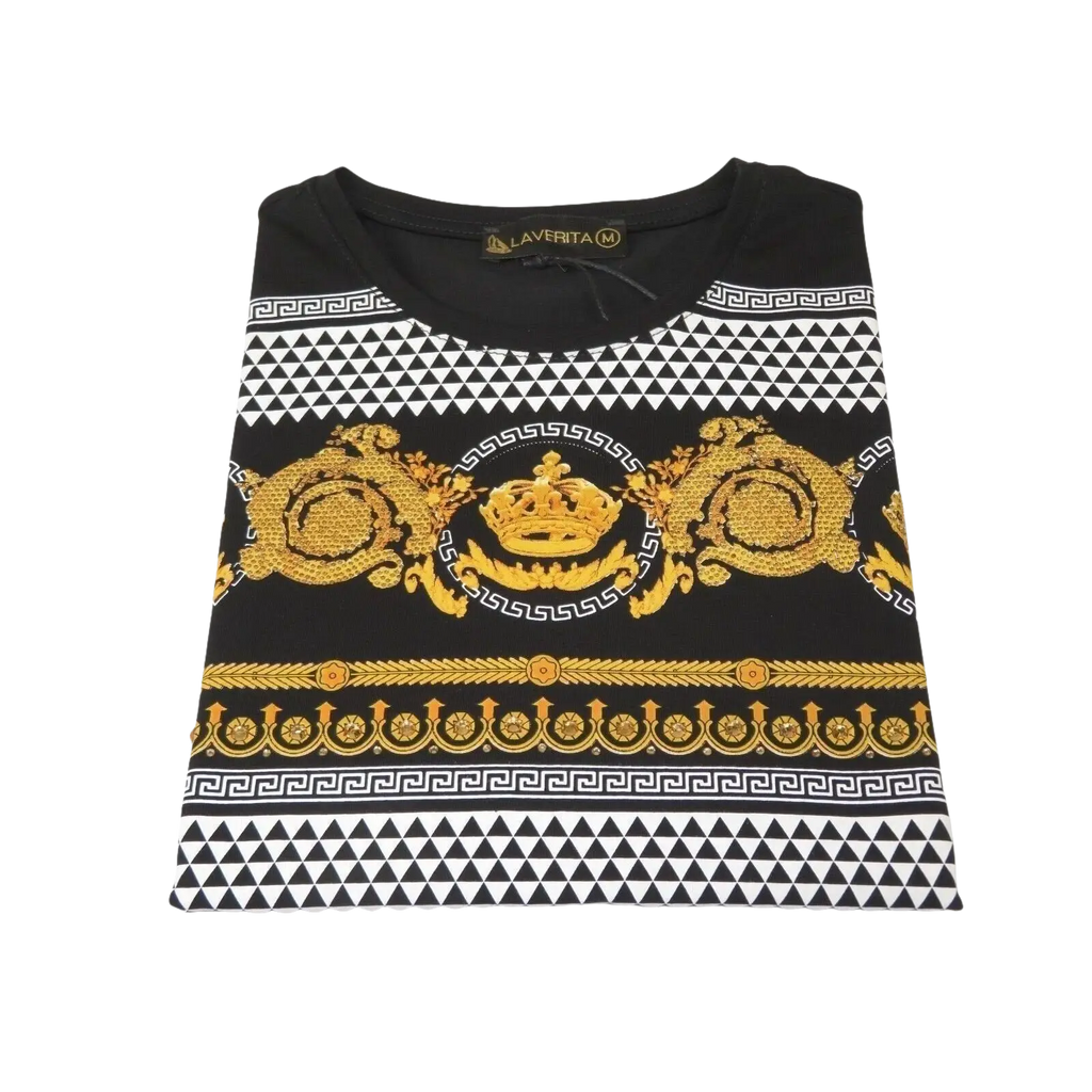 Men LAVERITA European Fashion Crew Shirt Rhine Stones Crown Floral 12087 Black - J.Valintin Men's Wear Legend - 99897
