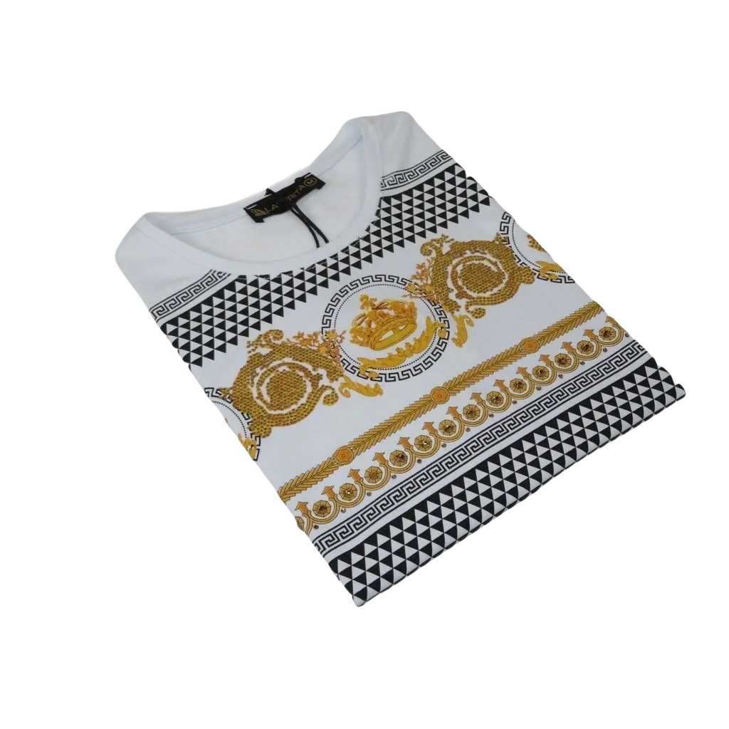 Men LAVERITA European Fashion Crew Shirt Rhine Stones Crown Floral 12087 White - J.Valintin Men's Wear Legend - 99903