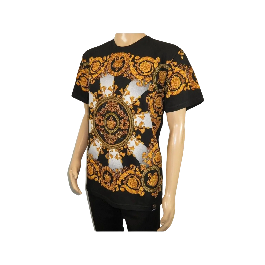 Men LAVERITA European Fashion Crew Shirt Rhine Stones Crown Florals 12089 Black - J.Valintin Men's Wear Legend - 99866