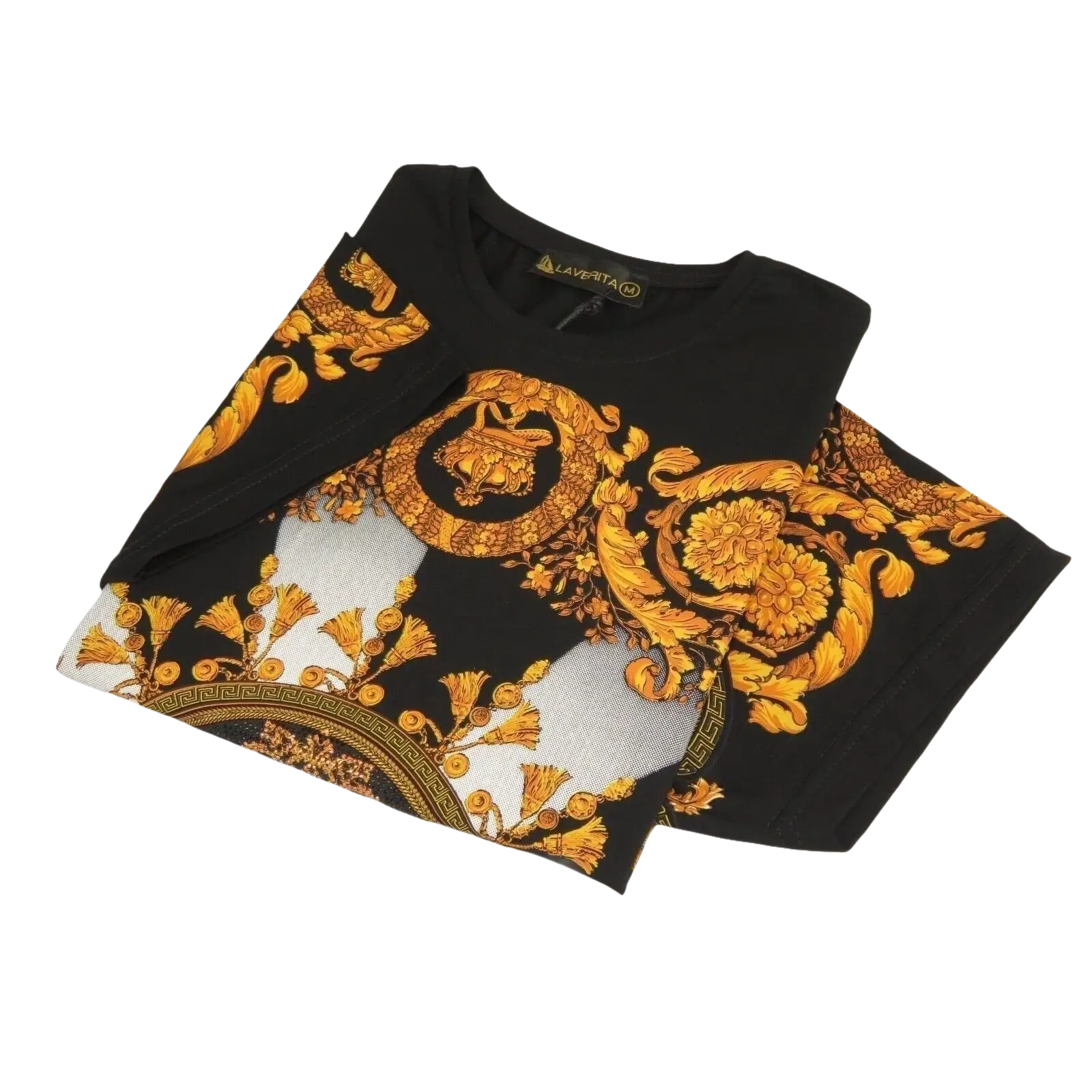 Men LAVERITA European Fashion Crew Shirt Rhine Stones Crown Florals 12089 Black - J.Valintin Men's Wear Legend - 99866