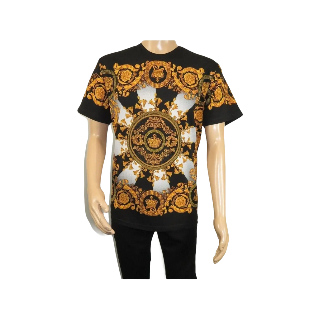 Men LAVERITA European Fashion Crew Shirt Rhine Stones Crown Florals 12089 Black - J.Valintin Men's Wear Legend - 99866