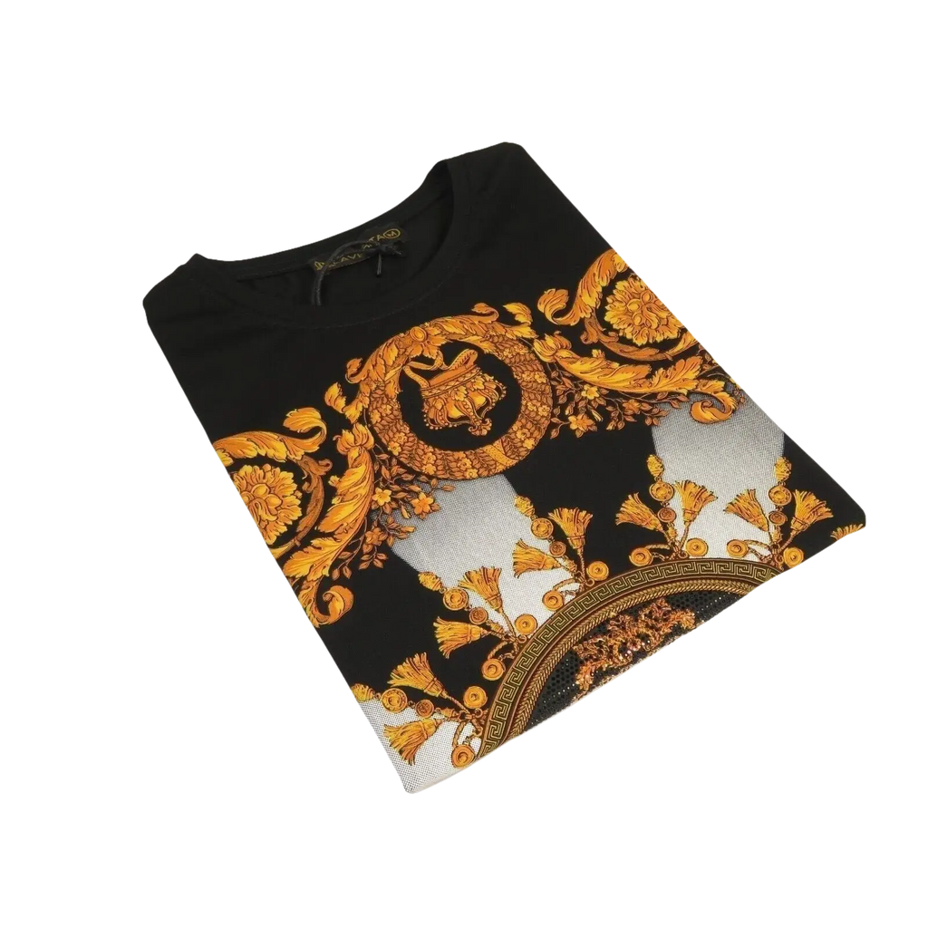 Men LAVERITA European Fashion Crew Shirt Rhine Stones Crown Florals 12089 Black - J.Valintin Men's Wear Legend - 99866