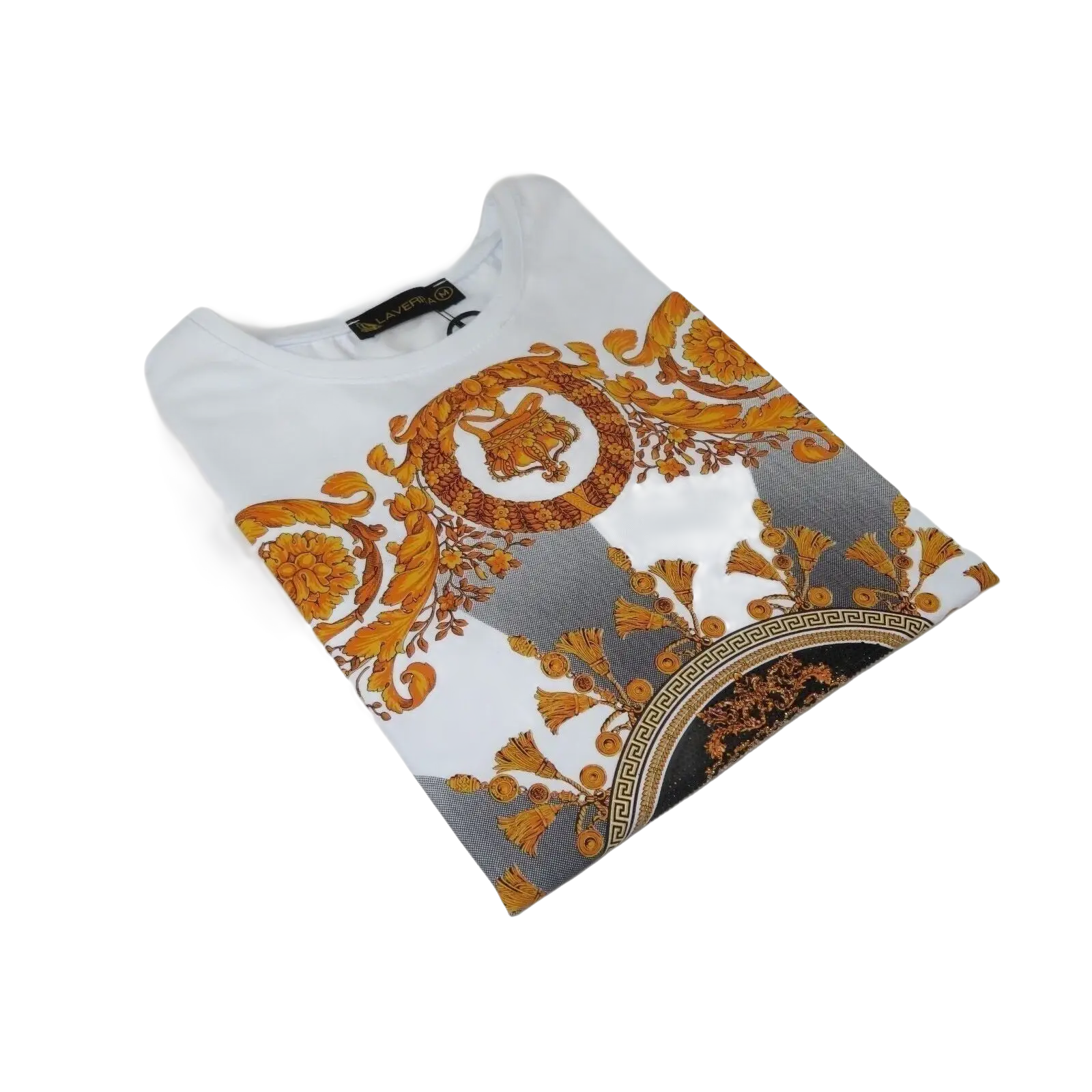 Men LAVERITA European Fashion Crew Shirt Rhine Stones Crown Florals 12089 White - J.Valintin Men's Wear Legend - 99872