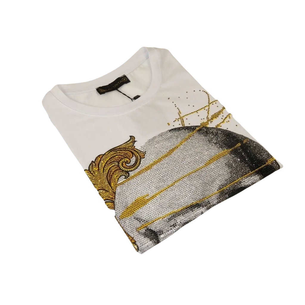 Men LAVERITA European Fashion Crew Shirt Rhine Stones Skeletons 93356 White - J.Valintin Men's Wear Legend - 99927