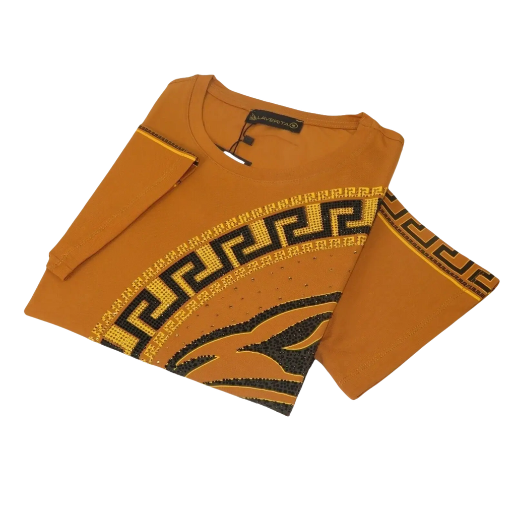 Men LAVERITA European Fashion Crew Shirt Short Sleeve Lion Medallion 93265 Camel - J.Valintin Men's Wear Legend - 99969