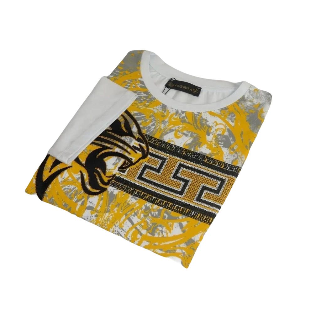 Men LAVERITA European Fashion Crew Shirt Short Sleeve Lion Medallion 93324 White - J.Valintin Men's Wear Legend - 99915