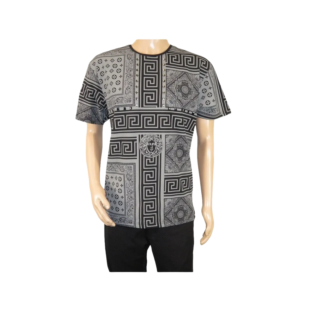 Men LAVERITA European Fashion Crew Shirt Studs Medusa 12120 Black Gray - J.Valintin Men's Wear Legend - 99878