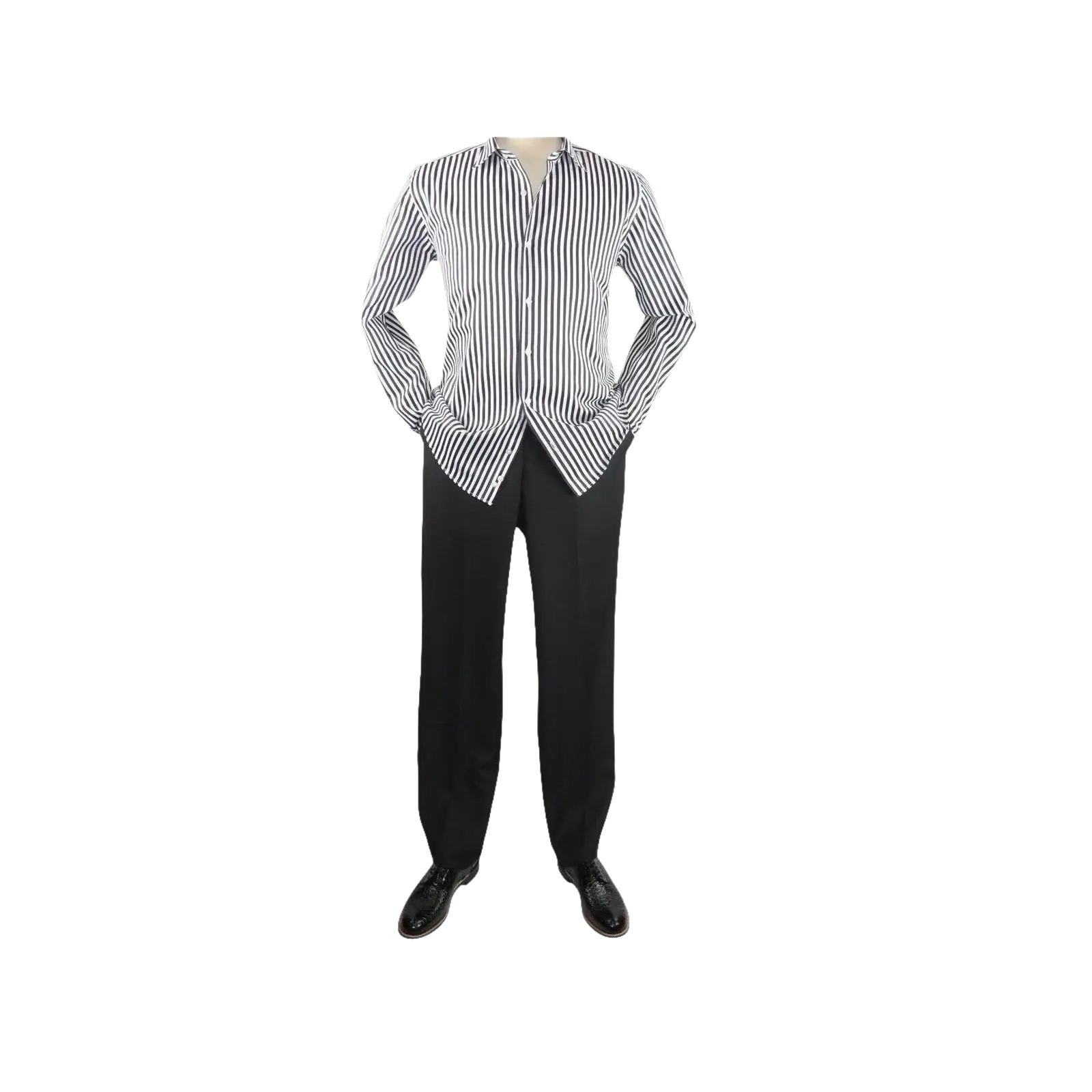 Men Makrom Shirt Cotton Blend wrinkle less Long Sleeves Stripe 6487 Black white - J.Valintin Men's Wear Legend - 74181