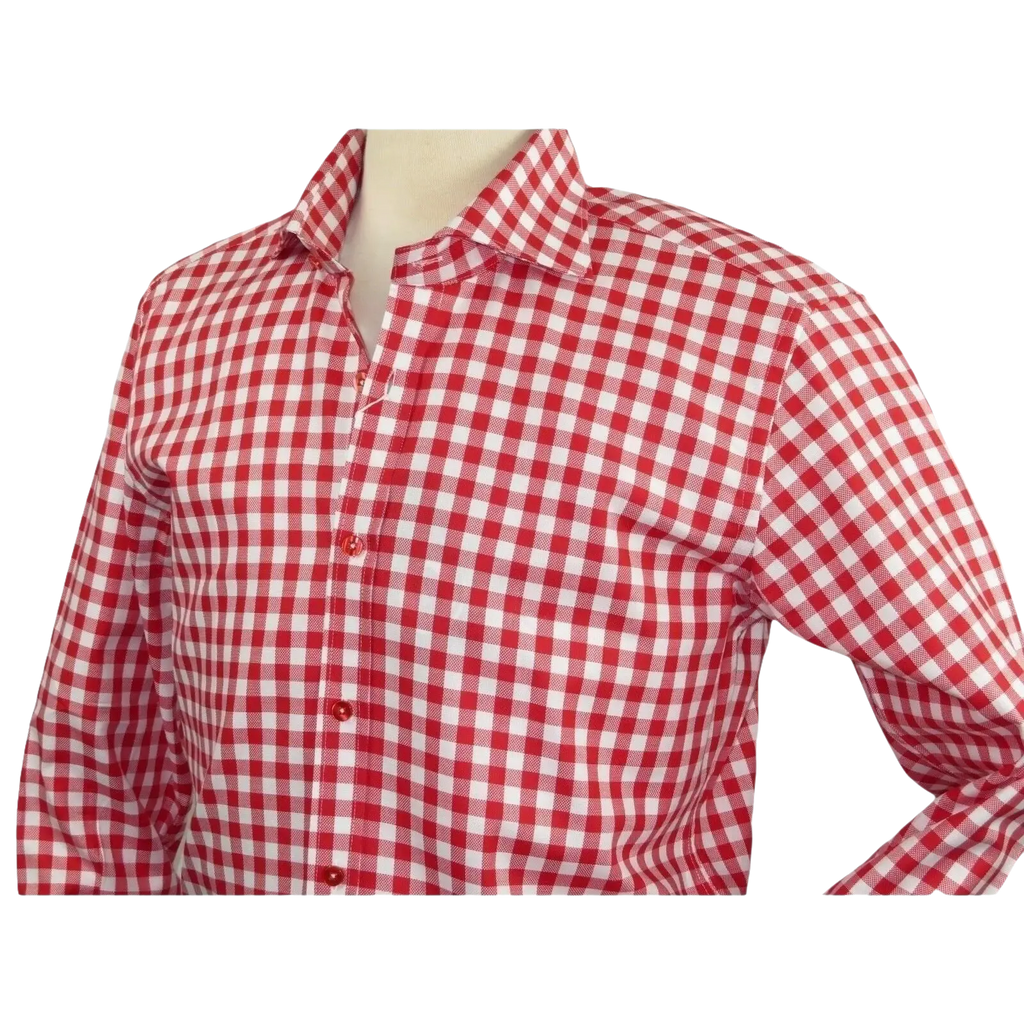 Men Oscar Banks All Cotton Shirt English Spread Collar Plaid Checker 5949 Red - J.Valintin Men's Wear Legend - 74234