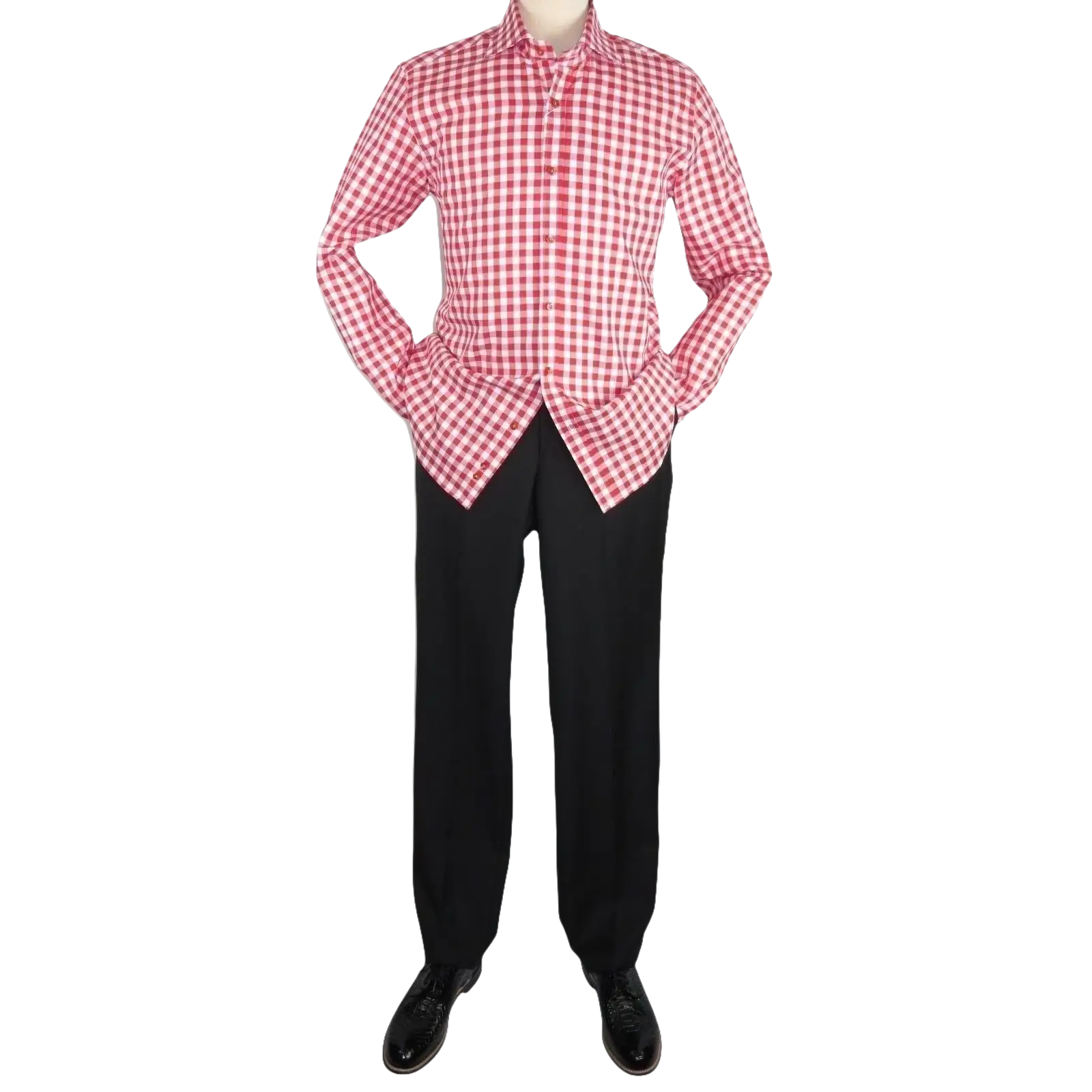 Men Oscar Banks All Cotton Shirt English Spread Collar Plaid Checker 5949 Red - J.Valintin Men's Wear Legend - 74234
