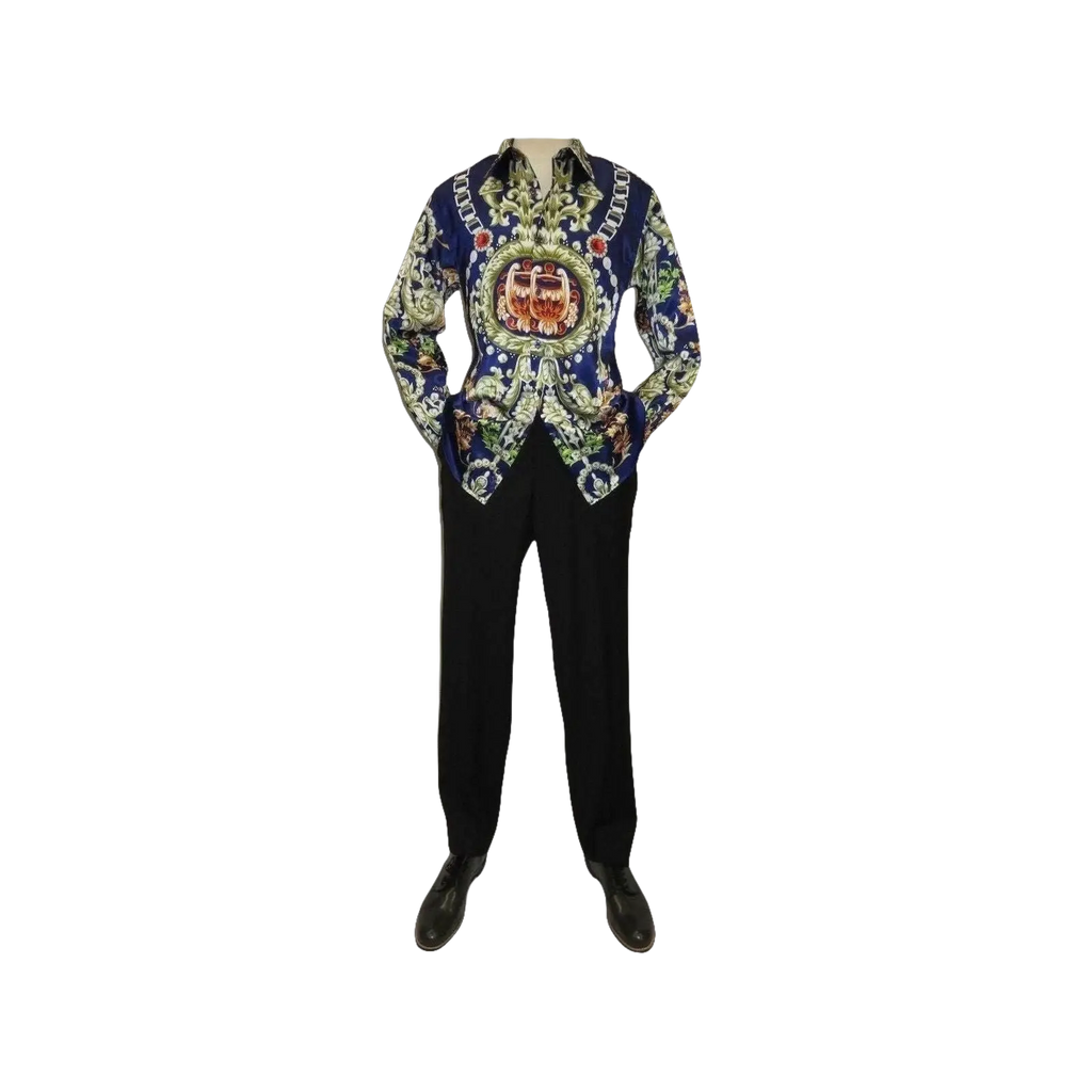 Men Oscar Banks Turkey Shirt Satin Entertainer Performer 6335 - 04 navy Floral - J.Valintin Men's Wear Legend - 72358