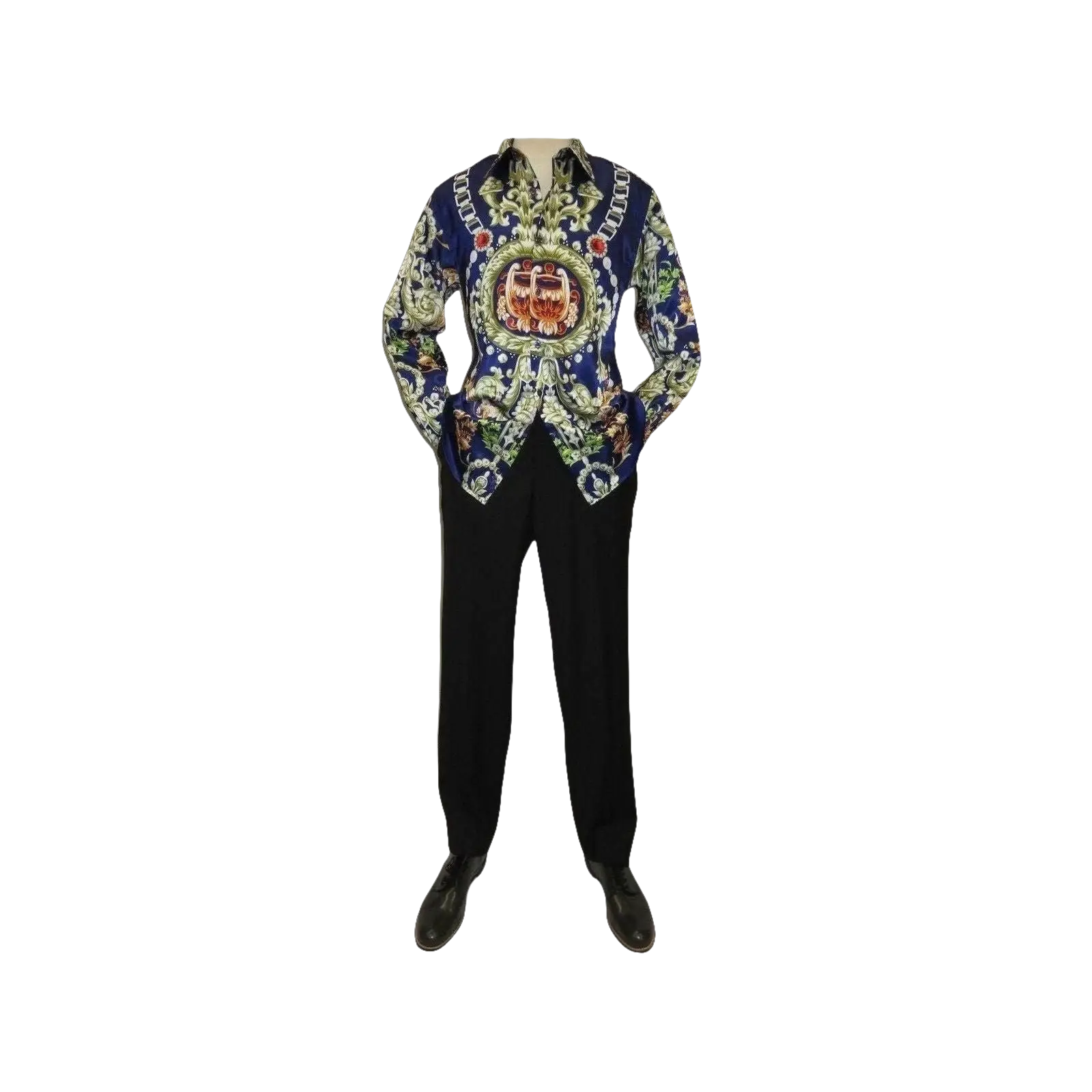 Men Oscar Banks Turkey Shirt Satin Entertainer Performer 6335 - 04 navy Floral - J.Valintin Men's Wear Legend - 72358
