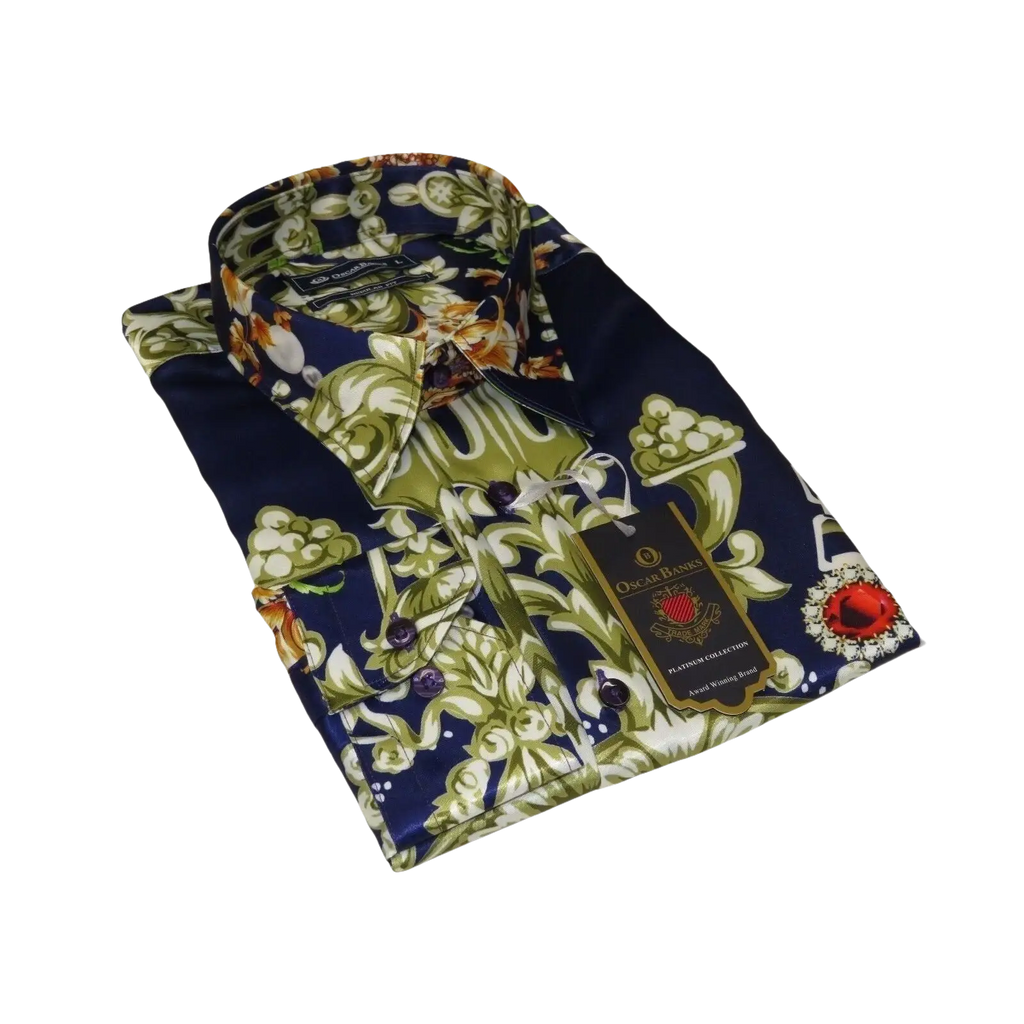 Men Oscar Banks Turkey Shirt Satin Entertainer Performer 6335 - 04 navy Floral - J.Valintin Men's Wear Legend - 72358