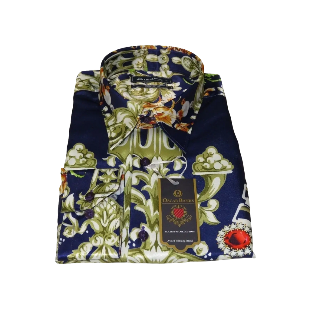 Men Oscar Banks Turkey Shirt Satin Entertainer Performer 6335 - 04 navy Floral - J.Valintin Men's Wear Legend - 72358
