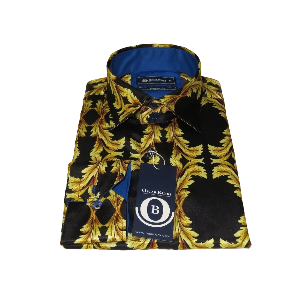 Men Oscar Banks Turkey Shirt Satin Singer Performer 6268 - 07 Black Gold Floral - J.Valintin Men's Wear Legend - 72448