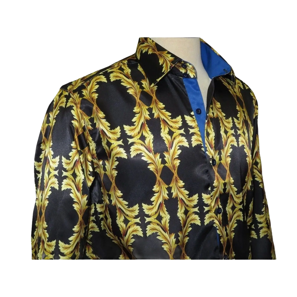 Men Oscar Banks Turkey Shirt Satin Singer Performer 6268 - 07 Black Gold Floral - J.Valintin Men's Wear Legend - 72448