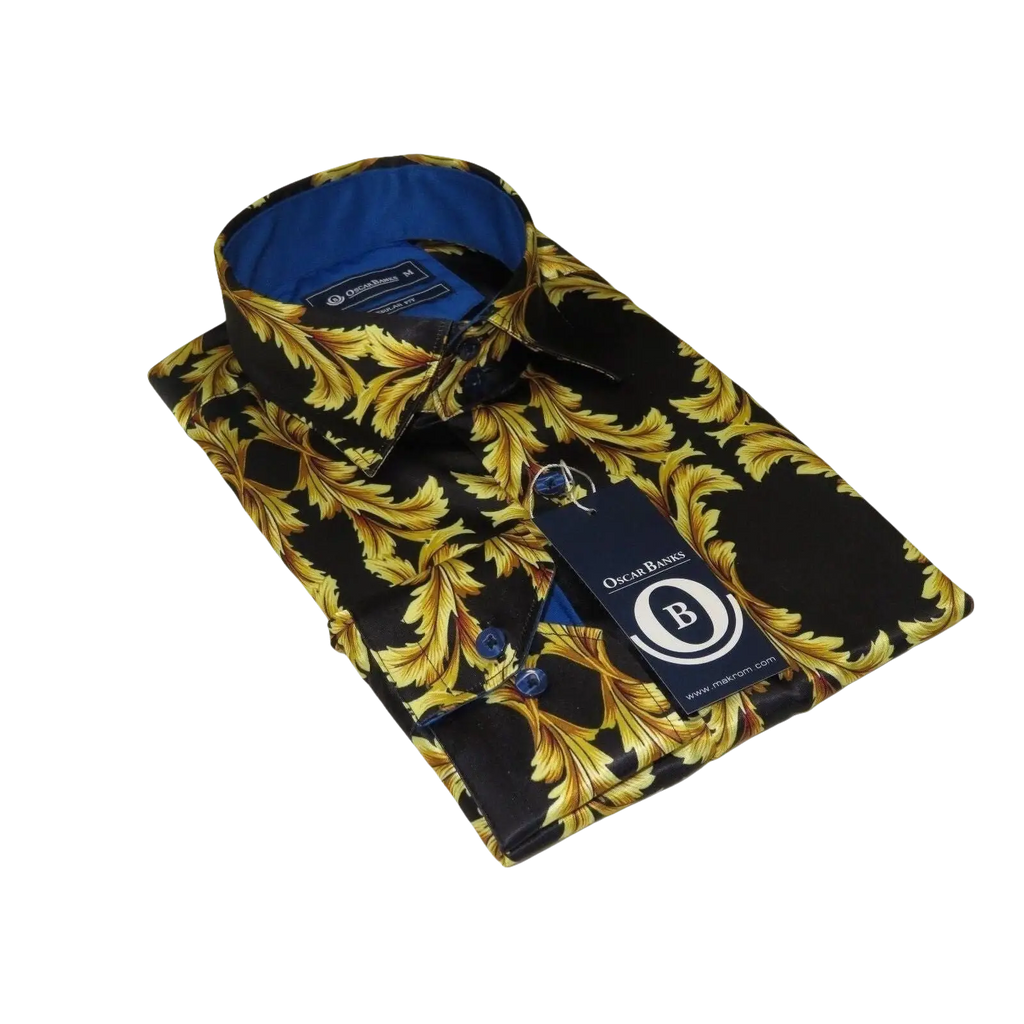 Men Oscar Banks Turkey Shirt Satin Singer Performer 6268 - 07 Black Gold Floral - J.Valintin Men's Wear Legend - 72448
