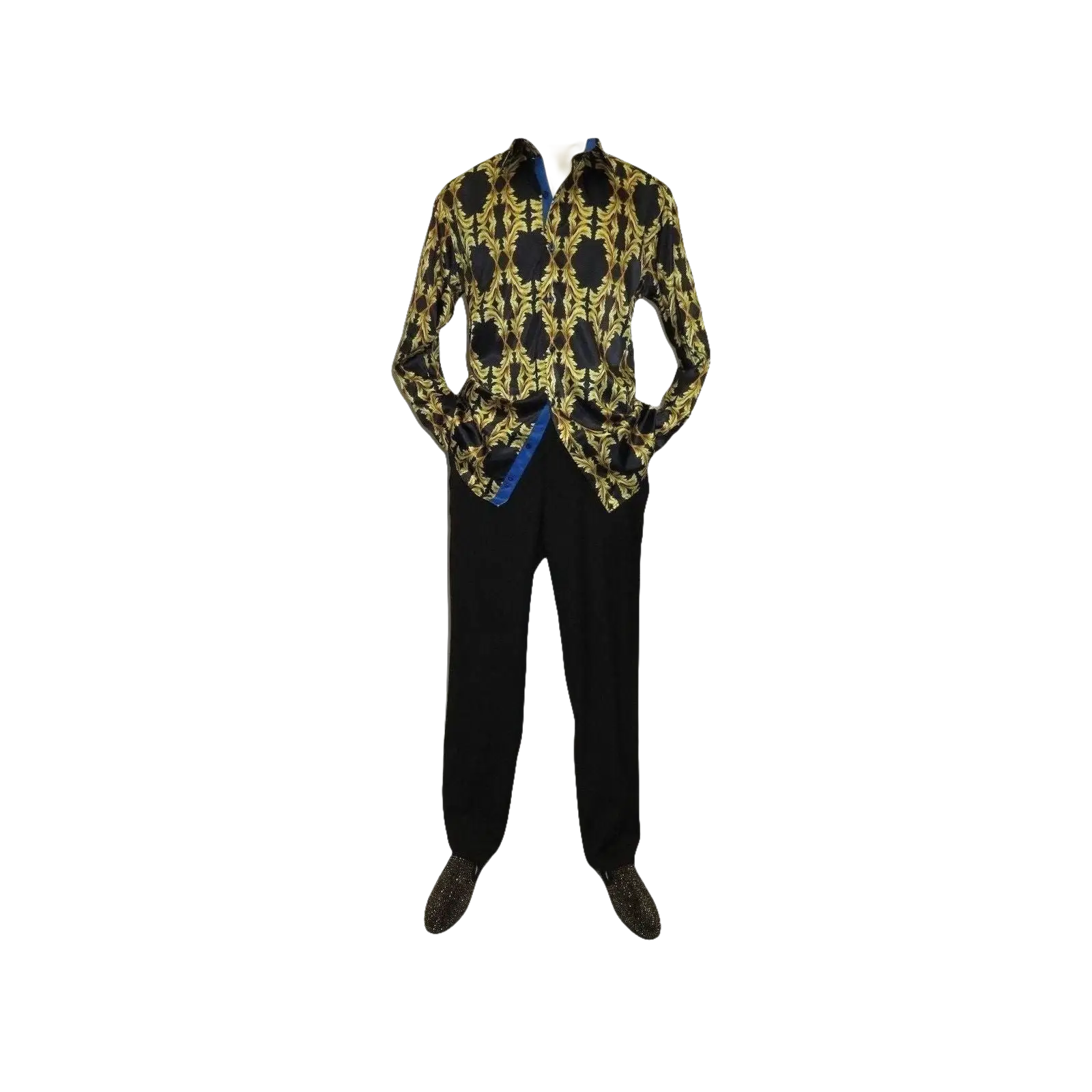 Men Oscar Banks Turkey Shirt Satin Singer Performer 6268 - 07 Black Gold Floral - J.Valintin Men's Wear Legend - 72448