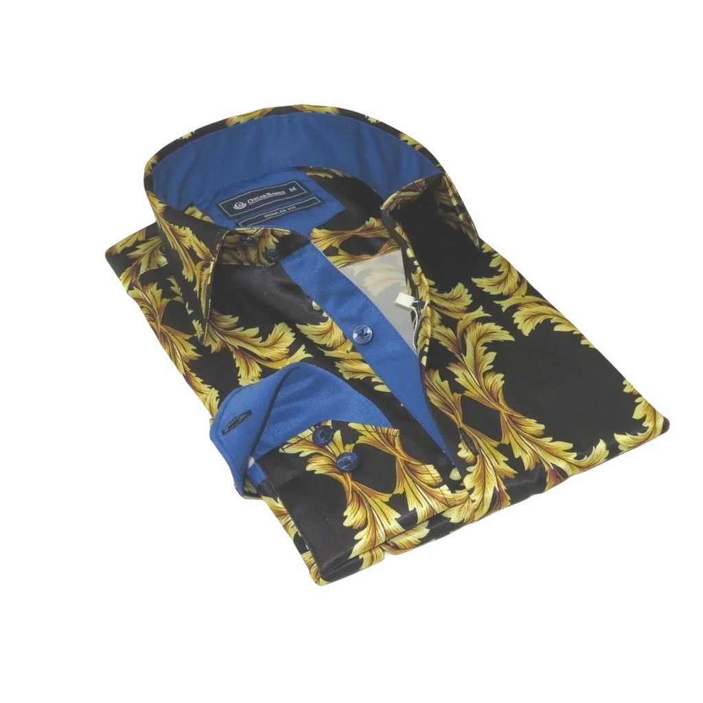 Men Oscar Banks Turkey Shirt Satin Singer Performer 6268 - 07 Black Gold Floral - J.Valintin Men's Wear Legend - 72448