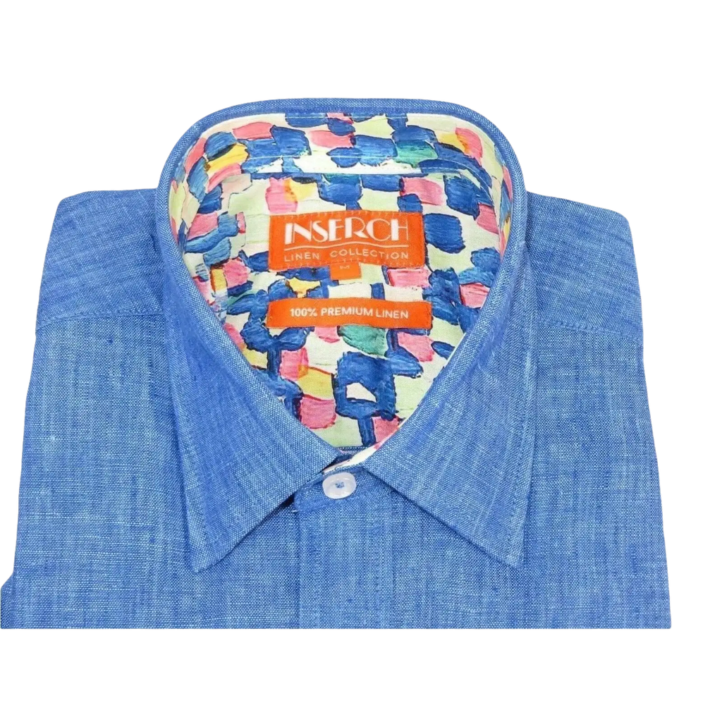 Men Premium Quality Soft Linen Sports Shirt By INSERCH Short Sleeves SS717 Blue - J.Valintin Men's Wear Legend - 100728