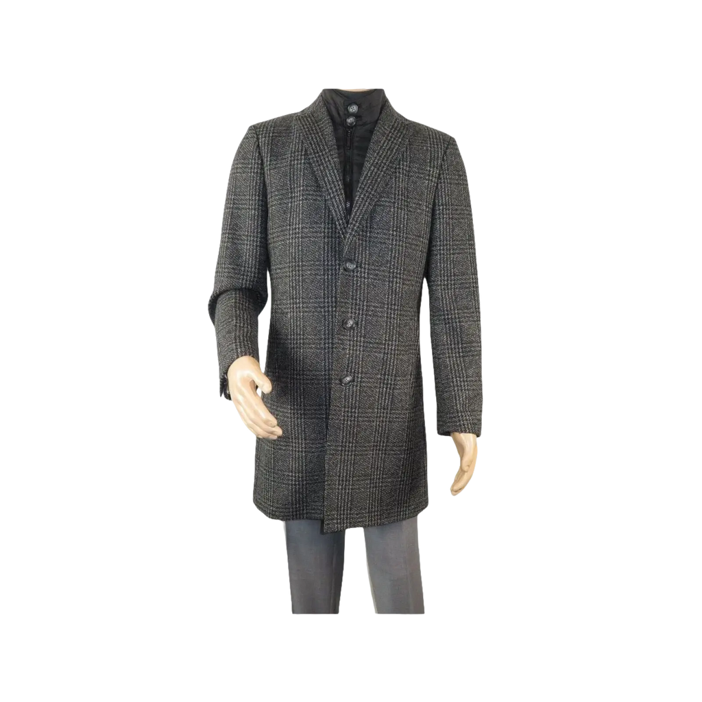 Men RENOIR Wool Blend Black White Plaid 3/4 Length Winter Coat W/Liner 43 - 18 - 095 - J.Valintin Men's Wear Legend - 19053