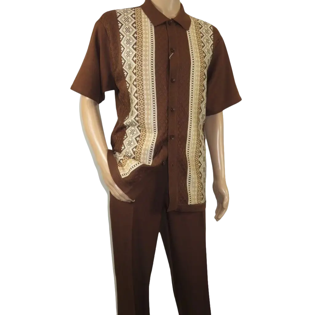 Men Silversilk 2pc Walking Leisure Matching Suit Italian Woven Knits 71003 Brown - J.Valintin Men's Wear Legend - 71003 - Brown - M